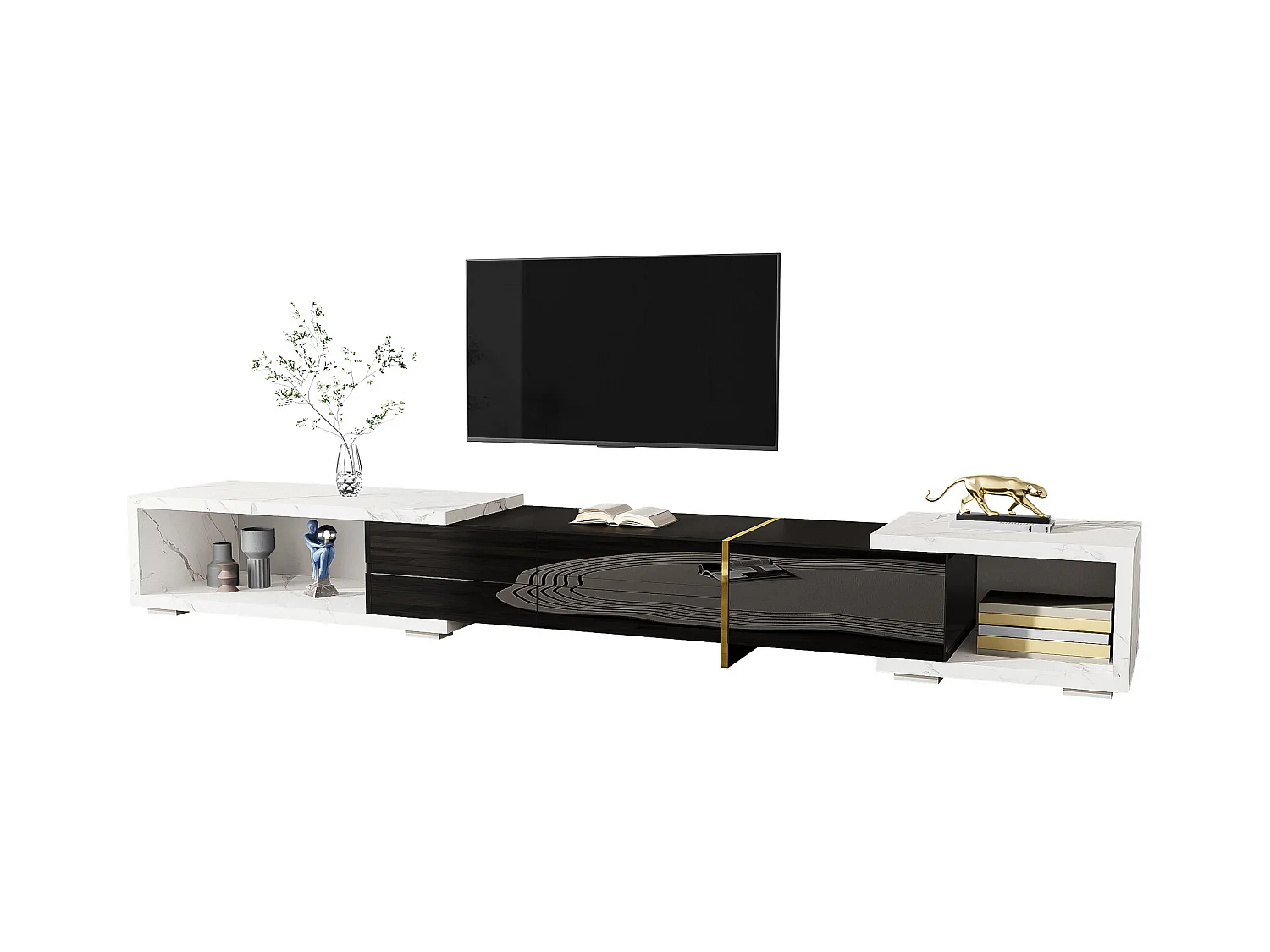 Meuble TV avec longueur variable (140-260cm), design moderne, blanc marbré et noir, avec fonctions rotatives, (140-260x30x50cm)