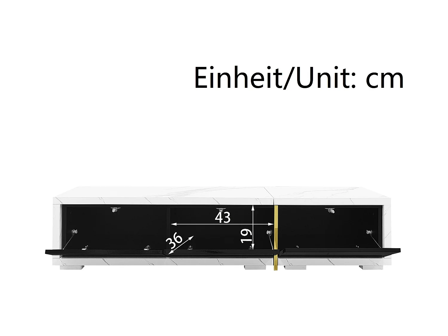 Meuble TV avec longueur variable (140-260cm), design moderne, blanc marbré et noir, avec fonctions rotatives, (140-260x30x50cm)