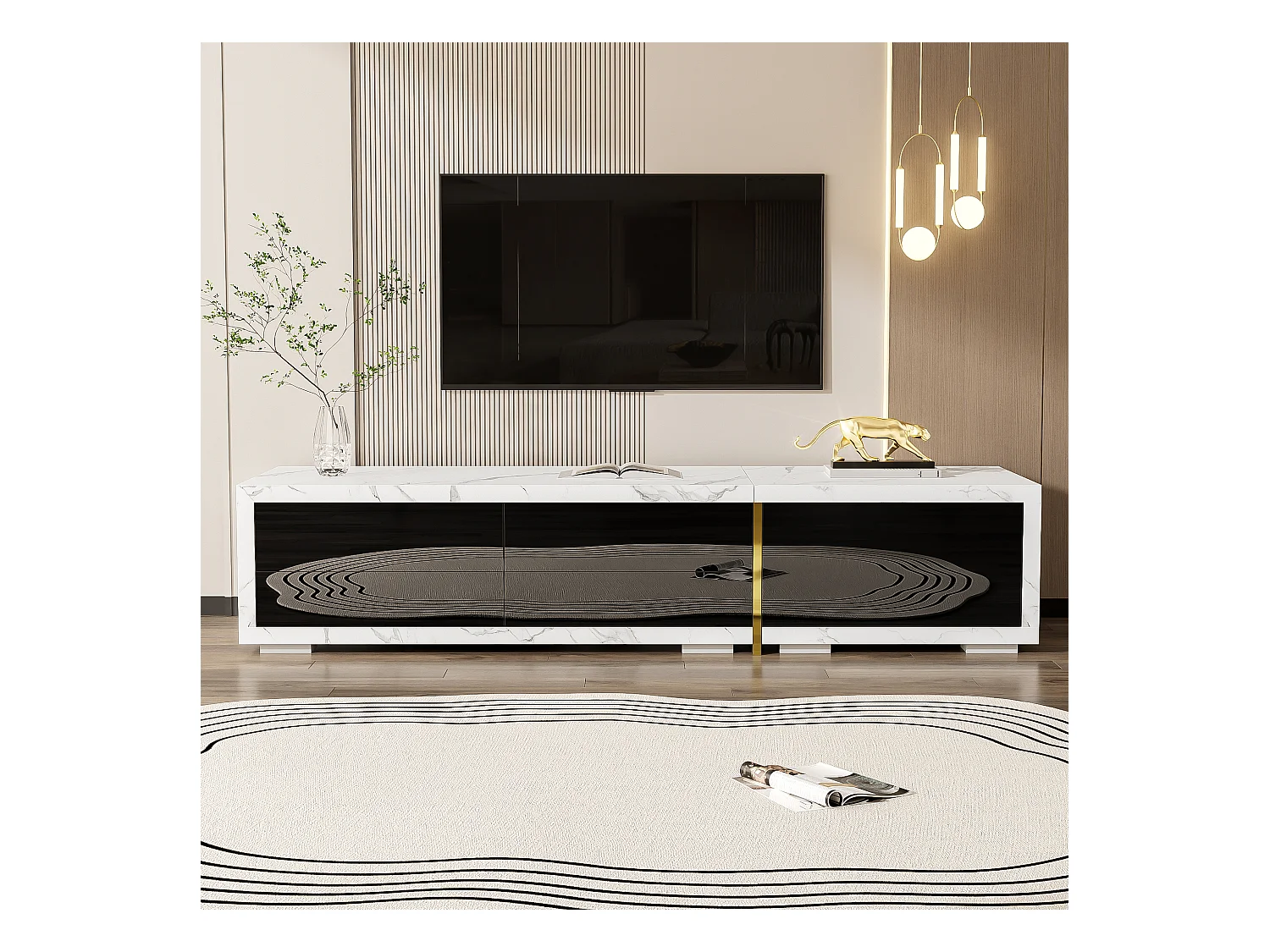 Meuble TV avec longueur variable (140-260cm), design moderne, blanc marbré et noir, avec fonctions rotatives, (140-260x30x50cm)