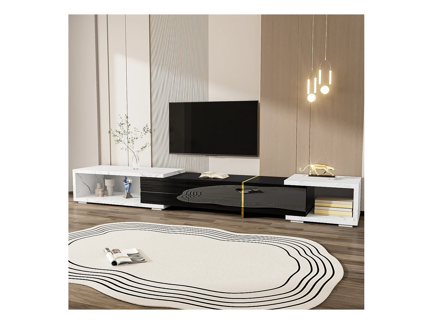 Meuble TV avec longueur variable (140-260cm), design moderne, blanc marbré et noir, avec fonctions rotatives, (140-260x30x50cm)