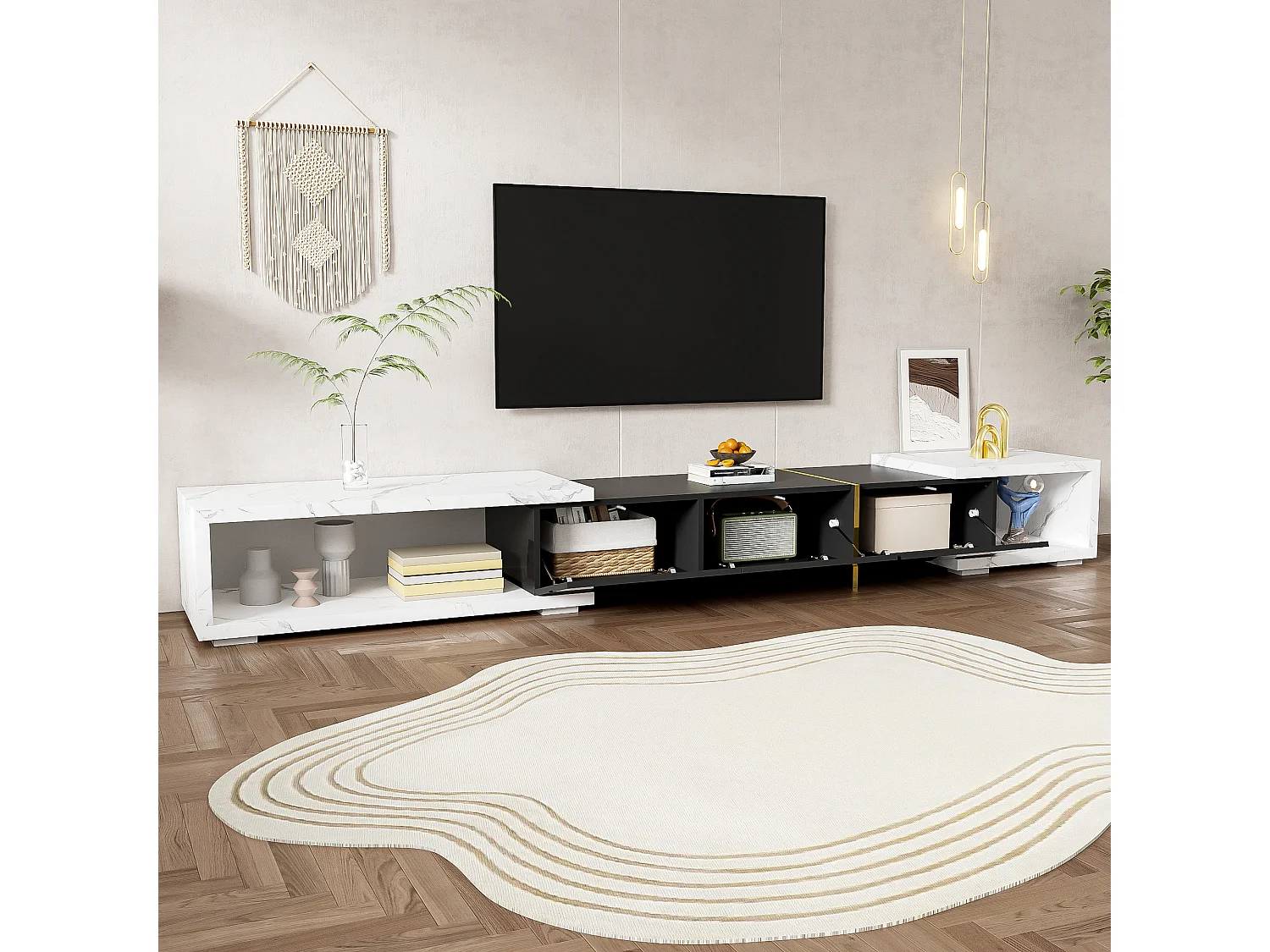 Meuble TV avec longueur variable (140-260cm), design moderne, blanc marbré et noir, avec fonctions rotatives, (140-260x30x50cm)