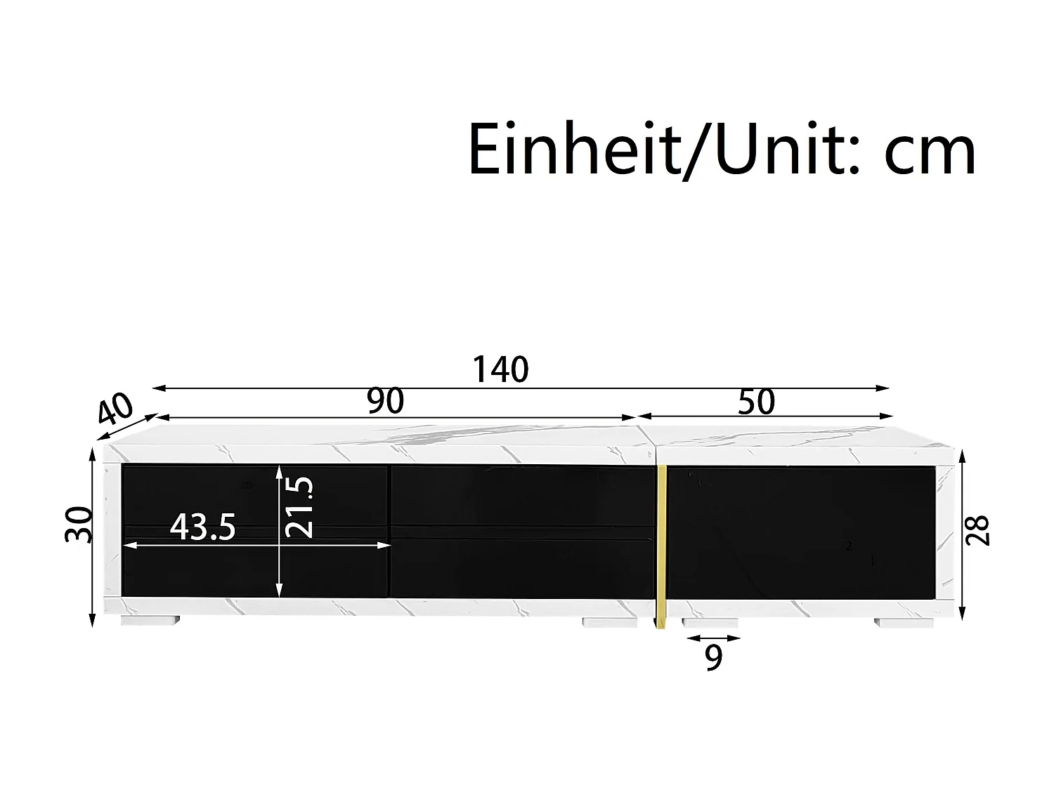 Meuble TV avec longueur variable (140-260cm), design moderne, blanc marbré et noir, avec fonctions rotatives, (140-260x30x50cm)