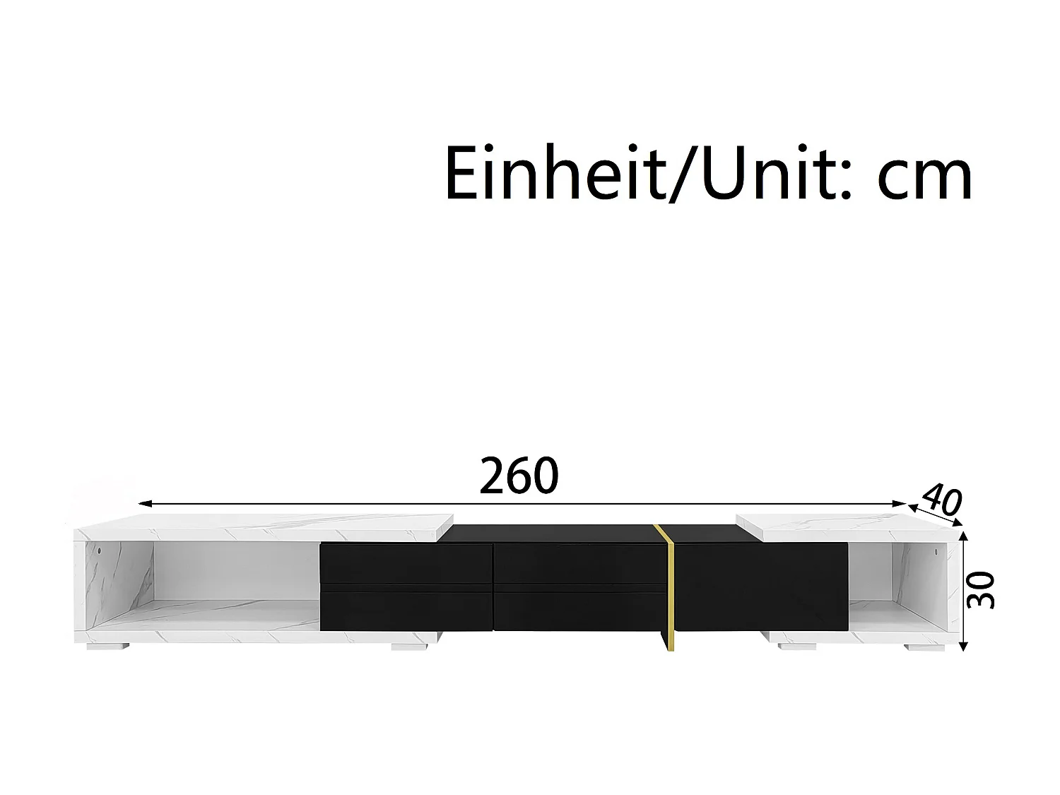 Meuble TV avec longueur variable (140-260cm), design moderne, blanc marbré et noir, avec fonctions rotatives, (140-260x30x50cm)