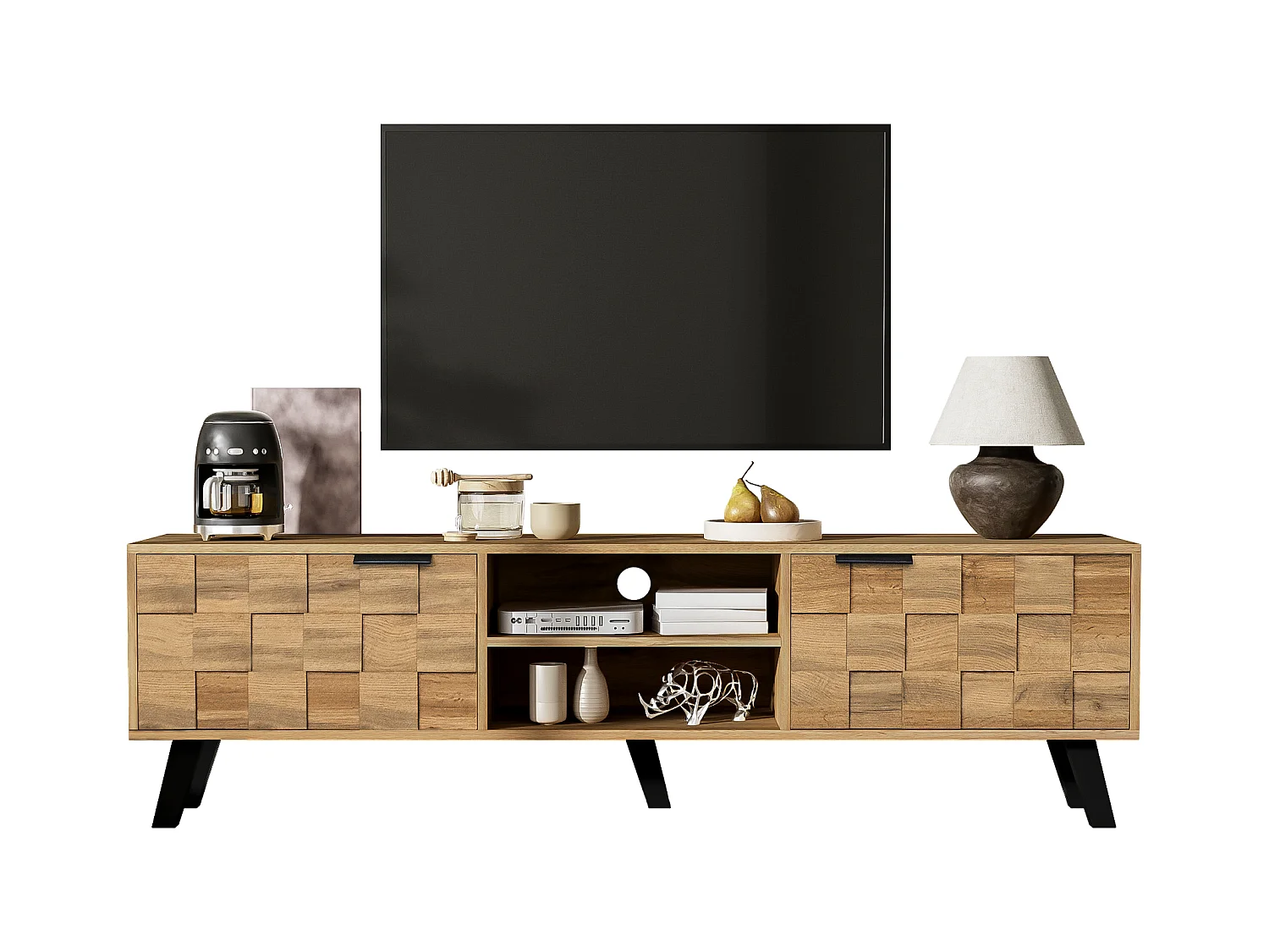Meuble TV moderne avec 2 portes et 2 espaces ouverts, design en bois, 160.5x35.5x45cm