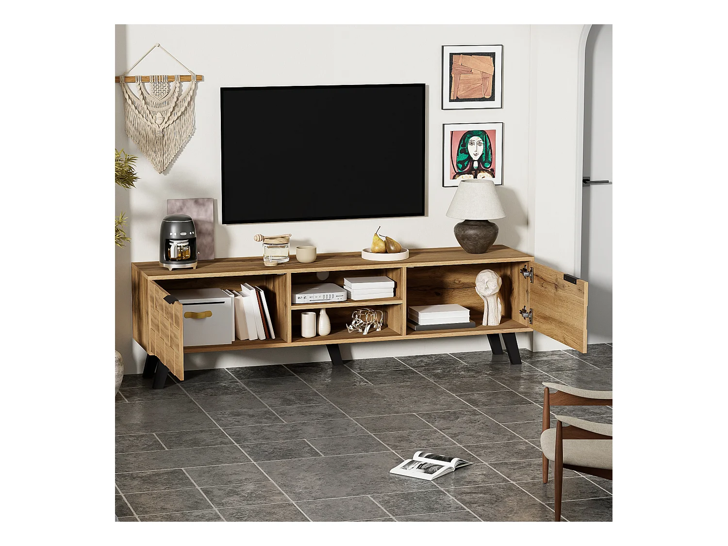 Meuble TV moderne avec 2 portes et 2 espaces ouverts, design en bois, 160.5x35.5x45cm