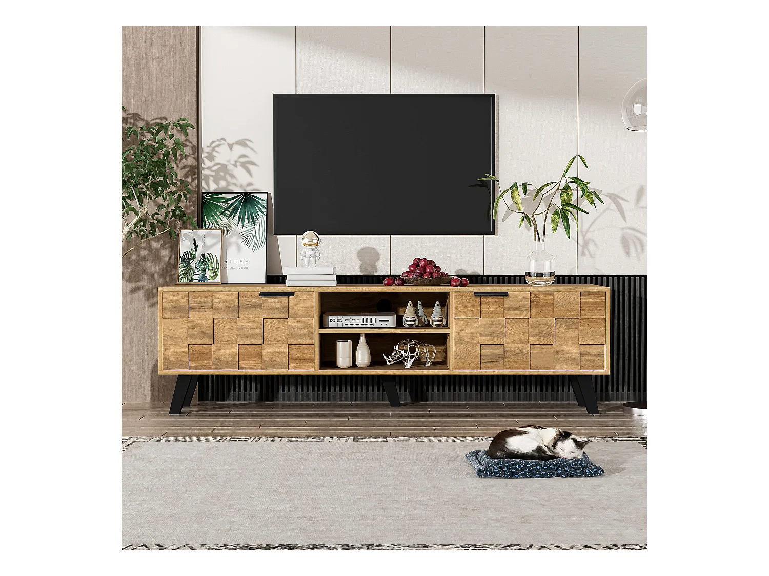 Meuble TV moderne avec 2 portes et 2 espaces ouverts, design en bois, 160.5x35.5x45cm