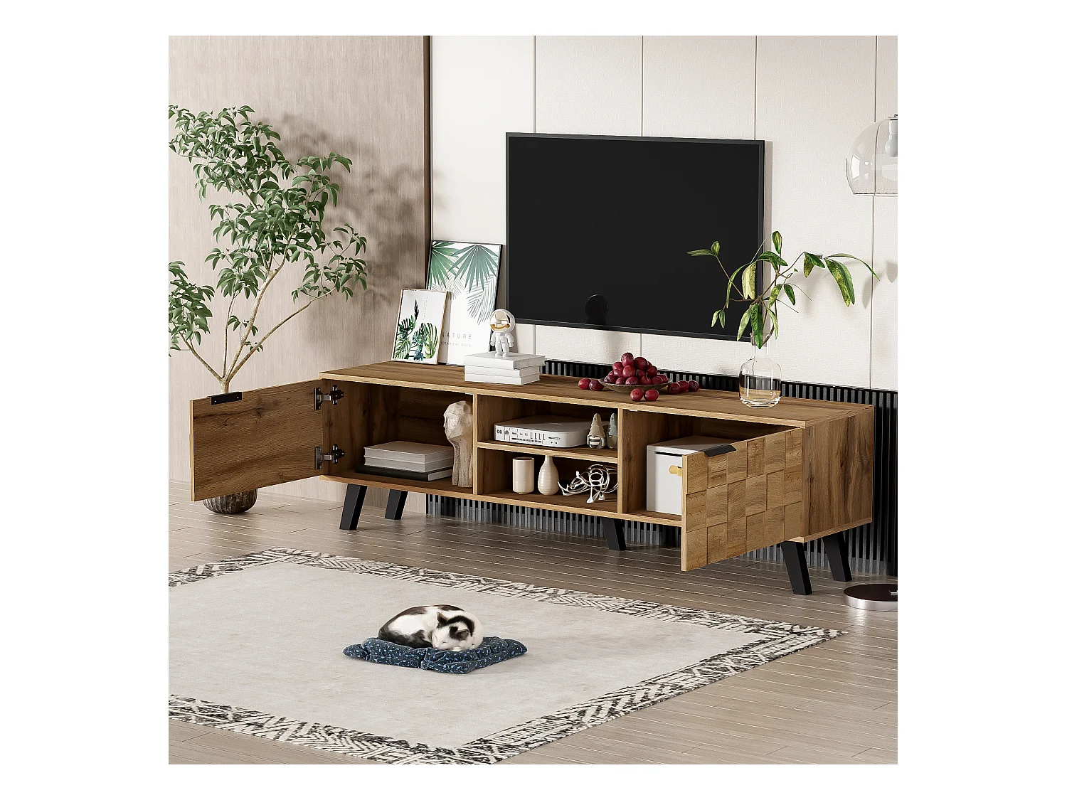 Meuble TV moderne avec 2 portes et 2 espaces ouverts, design en bois, 160.5x35.5x45cm