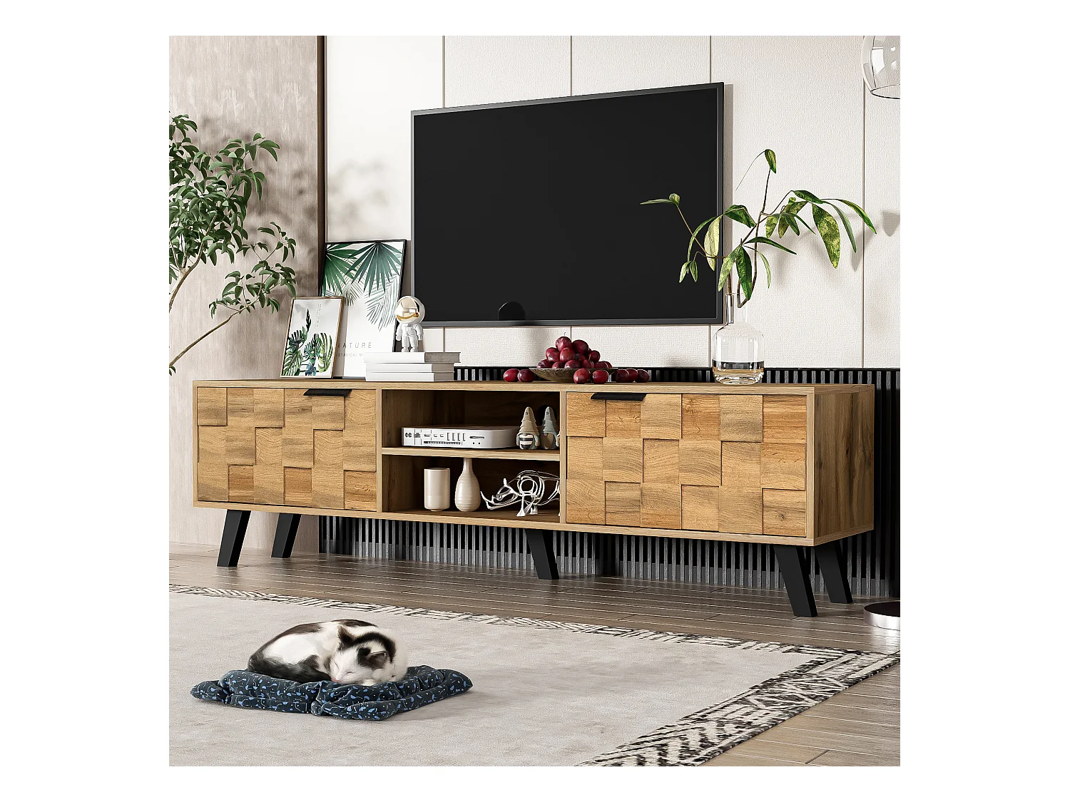 Meuble TV moderne avec 2 portes et 2 espaces ouverts, design en bois, 160.5x35.5x45cm