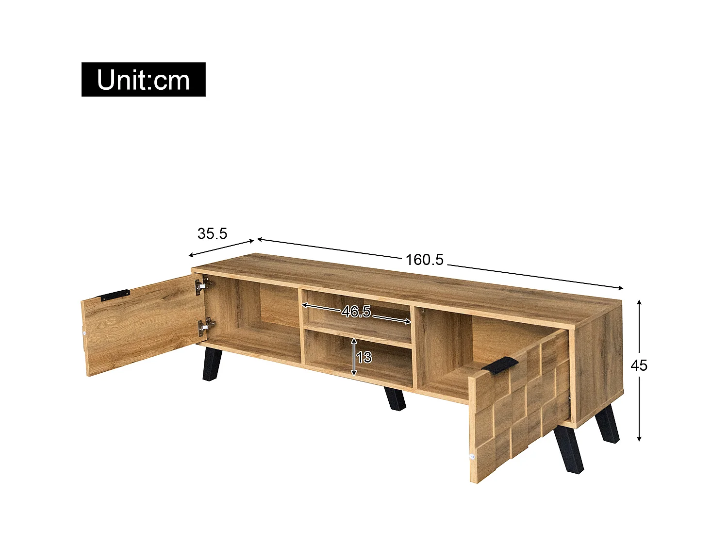 Meuble TV moderne avec 2 portes et 2 espaces ouverts, design en bois, 160.5x35.5x45cm