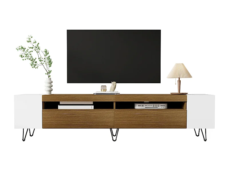 Meuble TV moderne, 180cm, avec portes et étagères, design noir et bois, rangement spacieux (180x36x43cm)