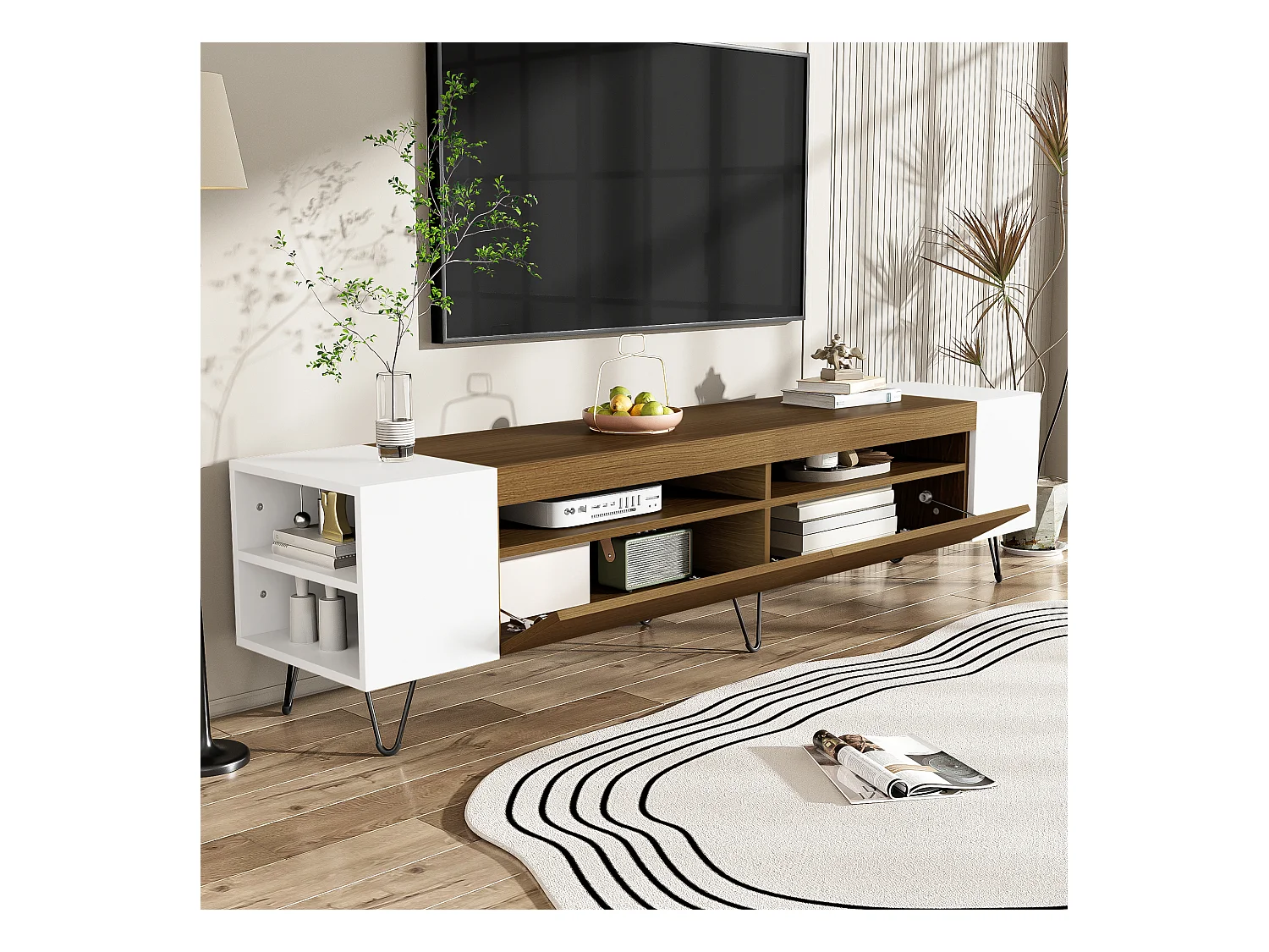 Meuble TV moderne, 180cm, avec portes et étagères, design noir et bois, rangement spacieux (180x36x43cm)