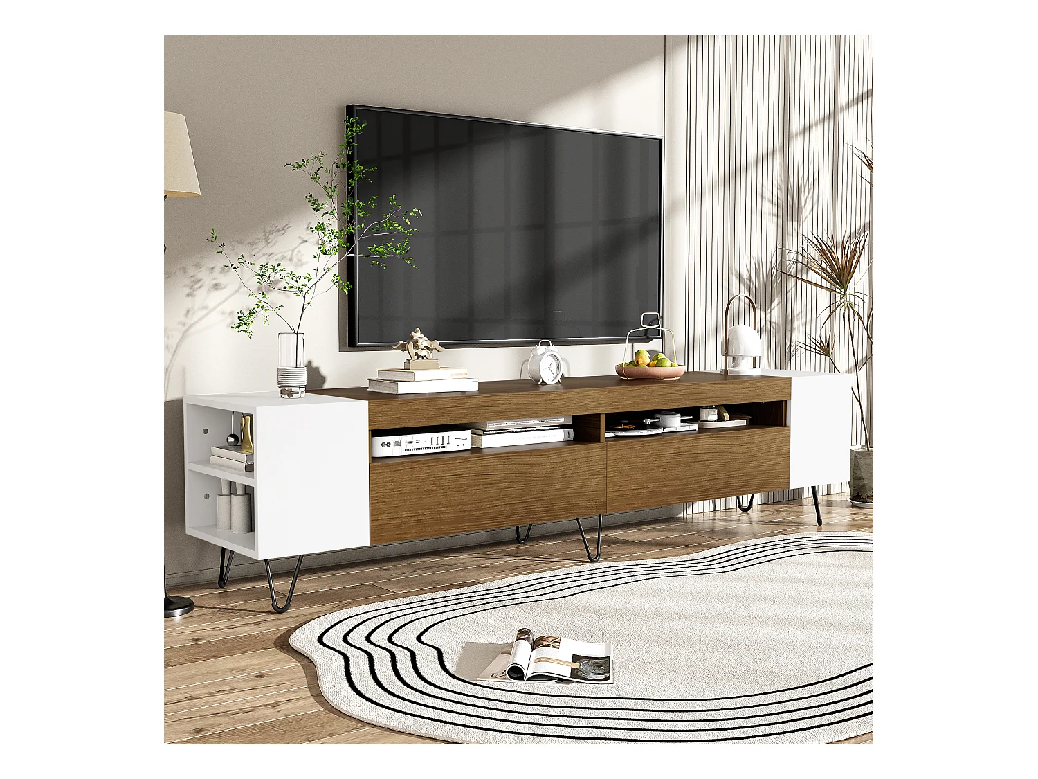 Meuble TV moderne, 180cm, avec portes et étagères, design noir et bois, rangement spacieux (180x36x43cm)