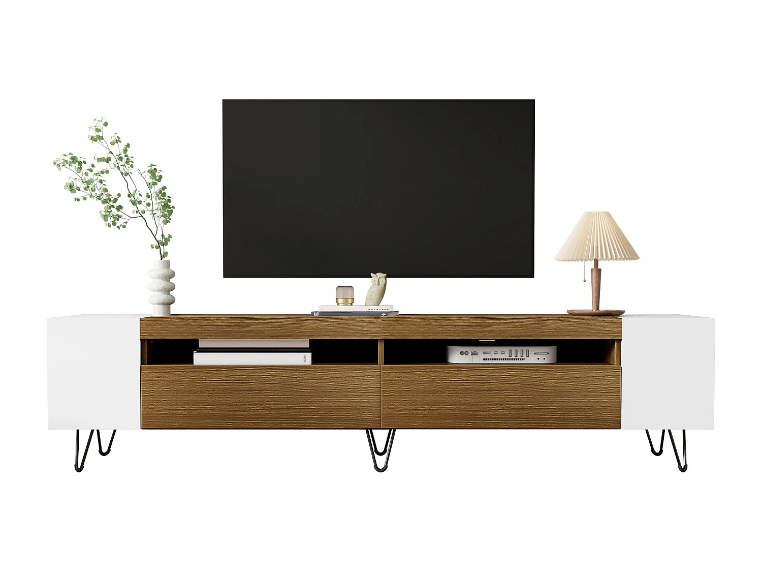 Meuble TV moderne, 180cm, avec portes et étagères, design noir et bois, rangement spacieux (180x36x43cm)