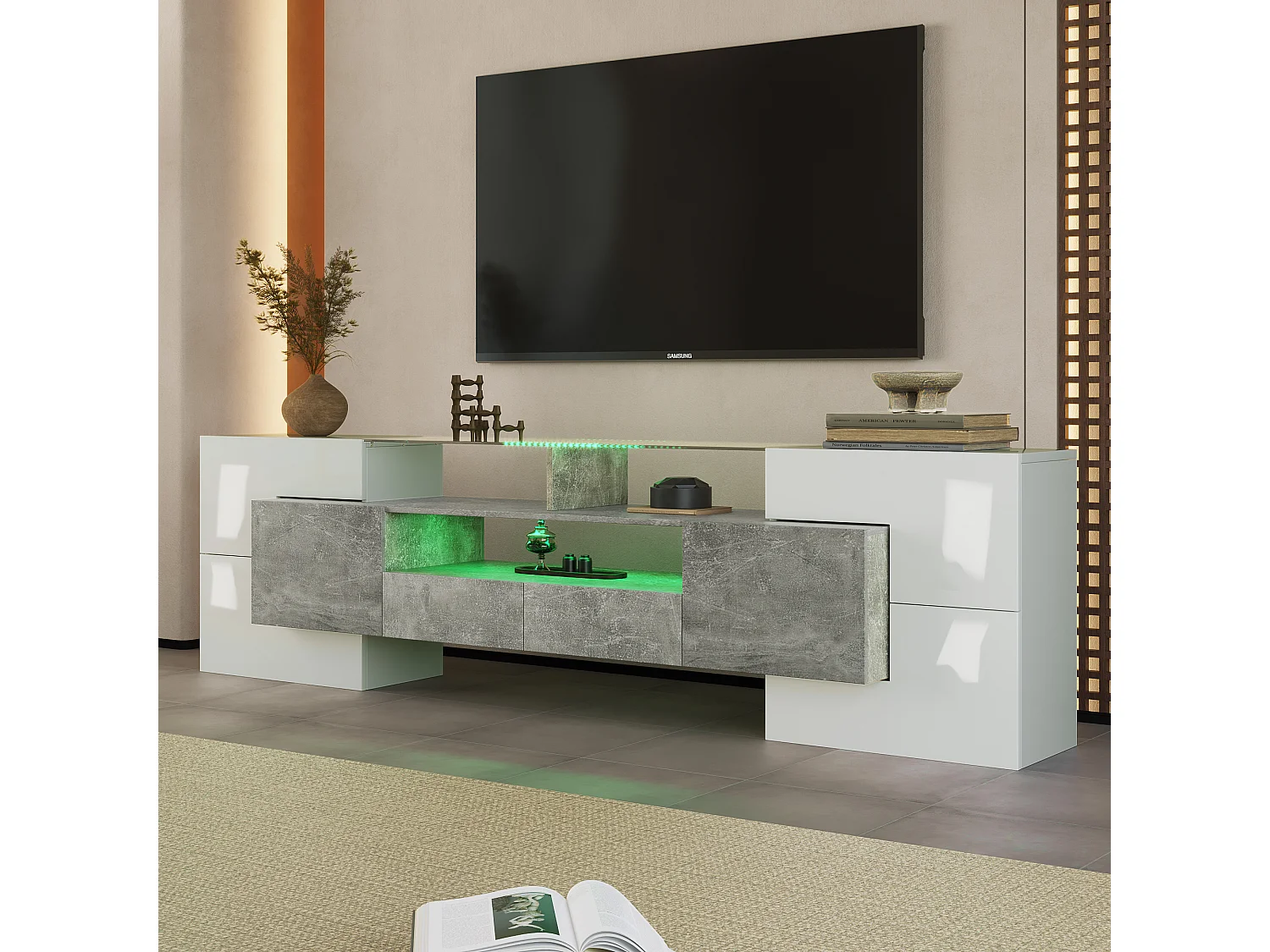 Meuble TV, design moderne, blanc brillant et béton, LED, 2 tiroirs, 3 compartiments, surface en verre (200x35x60cm)