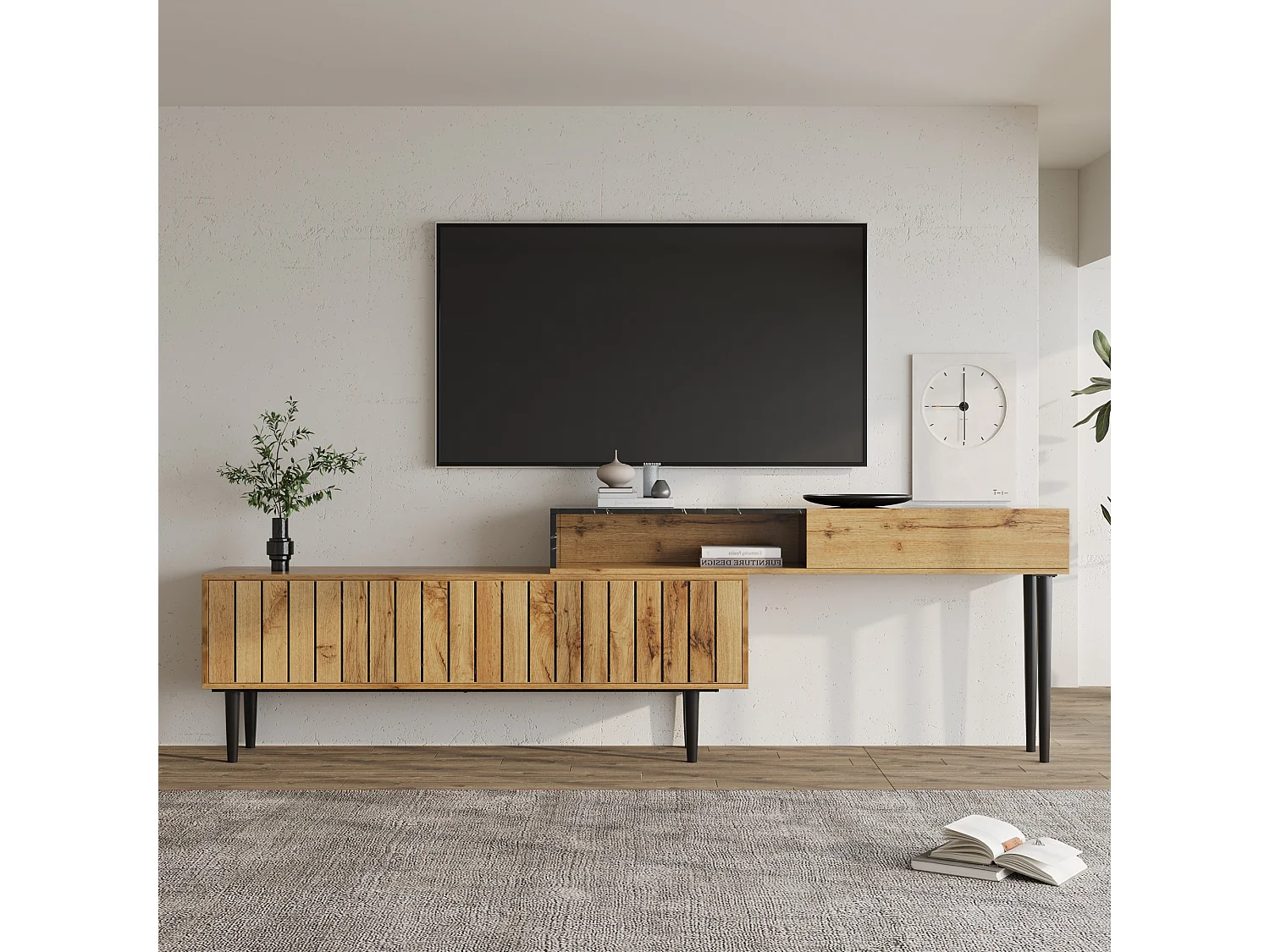 Mobile TV moderno con design in marmo e legno, gambe in ferro, 4 cassetti, contenitore funzionale, PVC, (129x30x58cm)