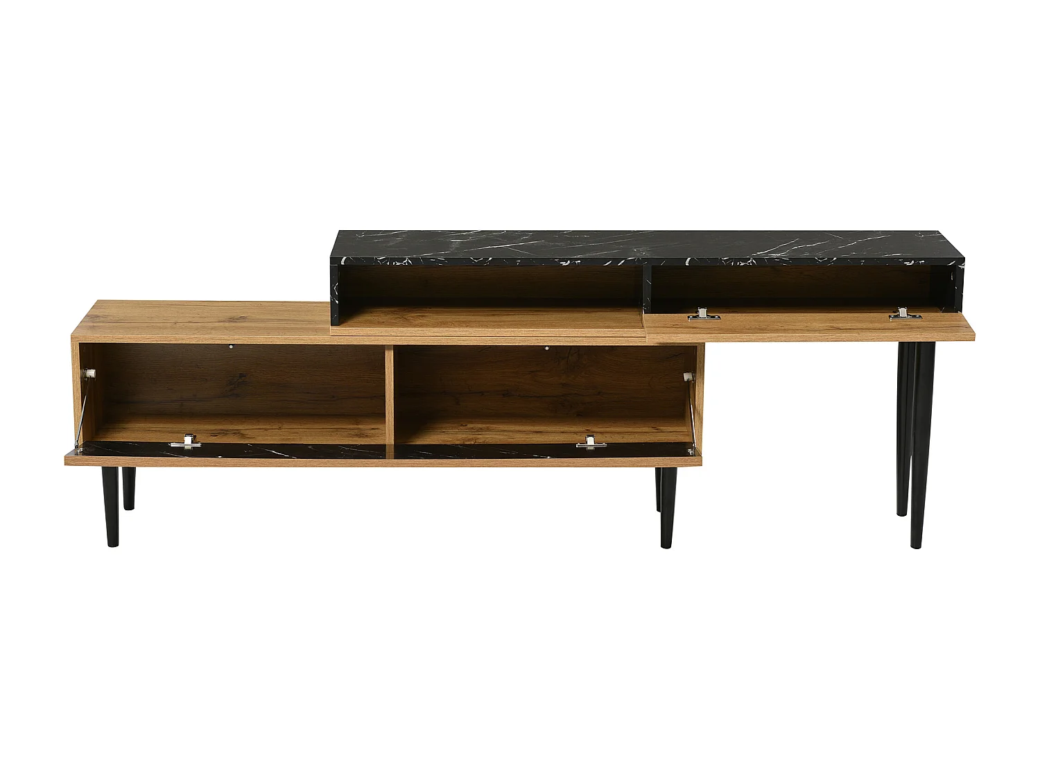 Meuble TV moderne avec design en marbre et bois, pieds en fer, 4 tiroirs, rangement fonctionnel, PVC, (129x30x58cm)