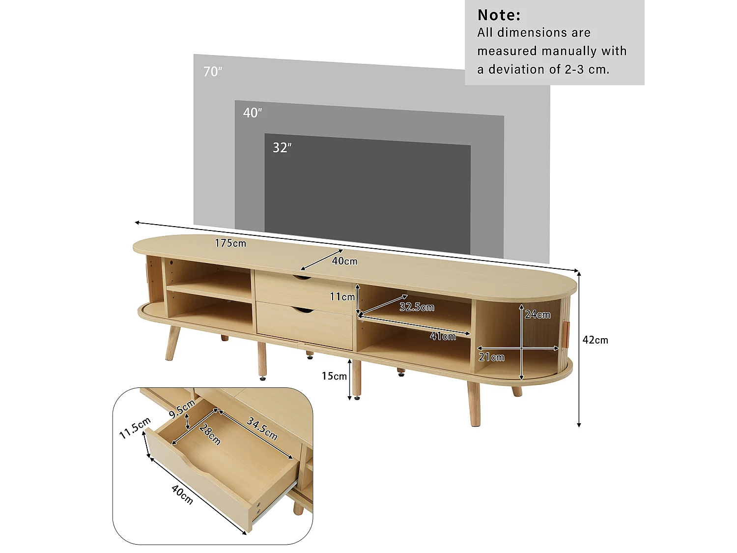 Moderne tv-kast van licht hout met 2 lades en 3 deuren, multicolor LED's, (175x31x41cm)