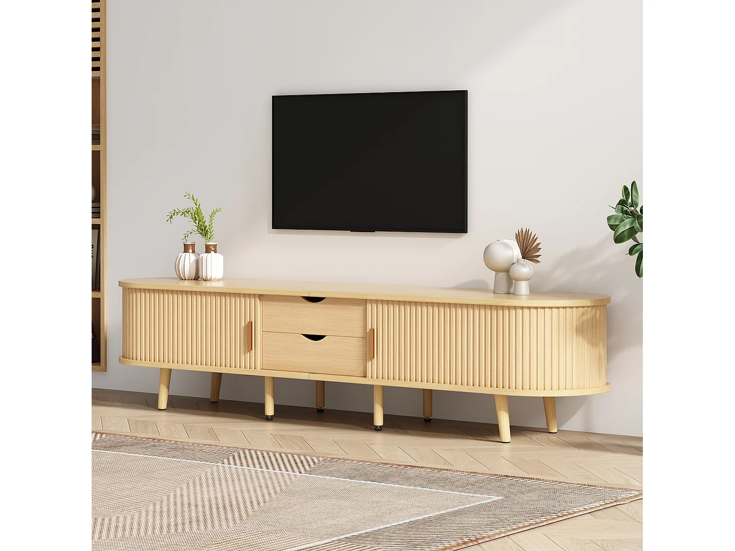 Meuble TV moderne en bois clair avec 2 tiroirs et 3 portes, LED multicolores, (175x31x41cm)