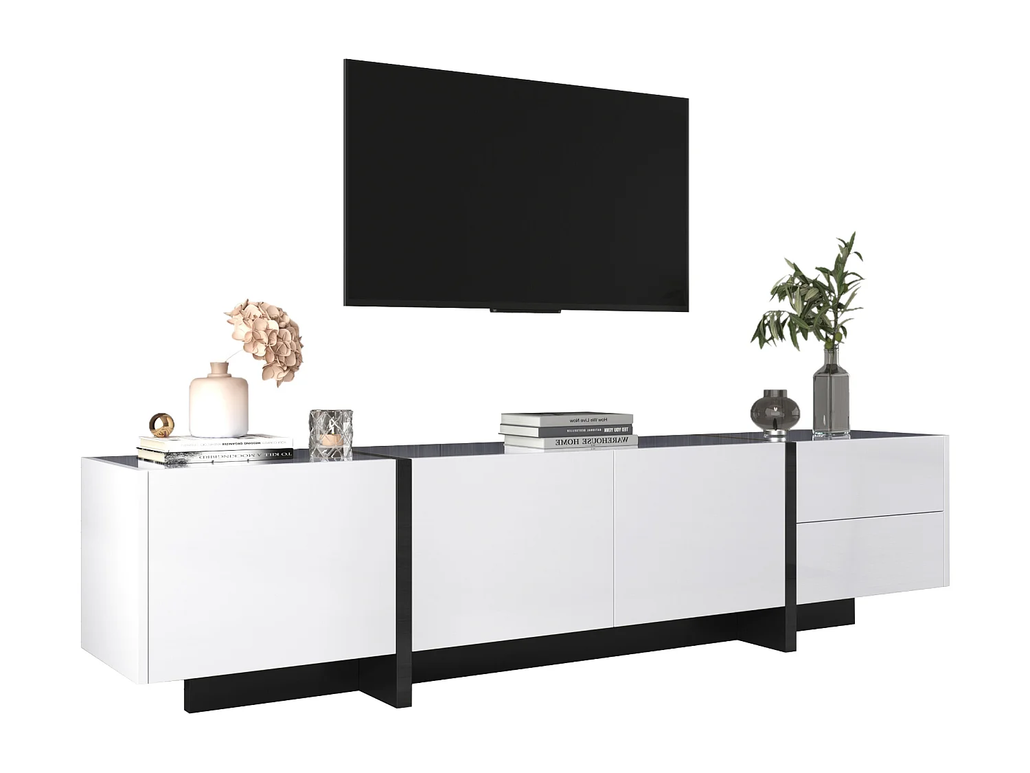 Meuble TV, design simple, panneaux avec pieds color-block, blanc et noir, avec portes et tiroirs, panneau en aggloméré (190x35x45cm)