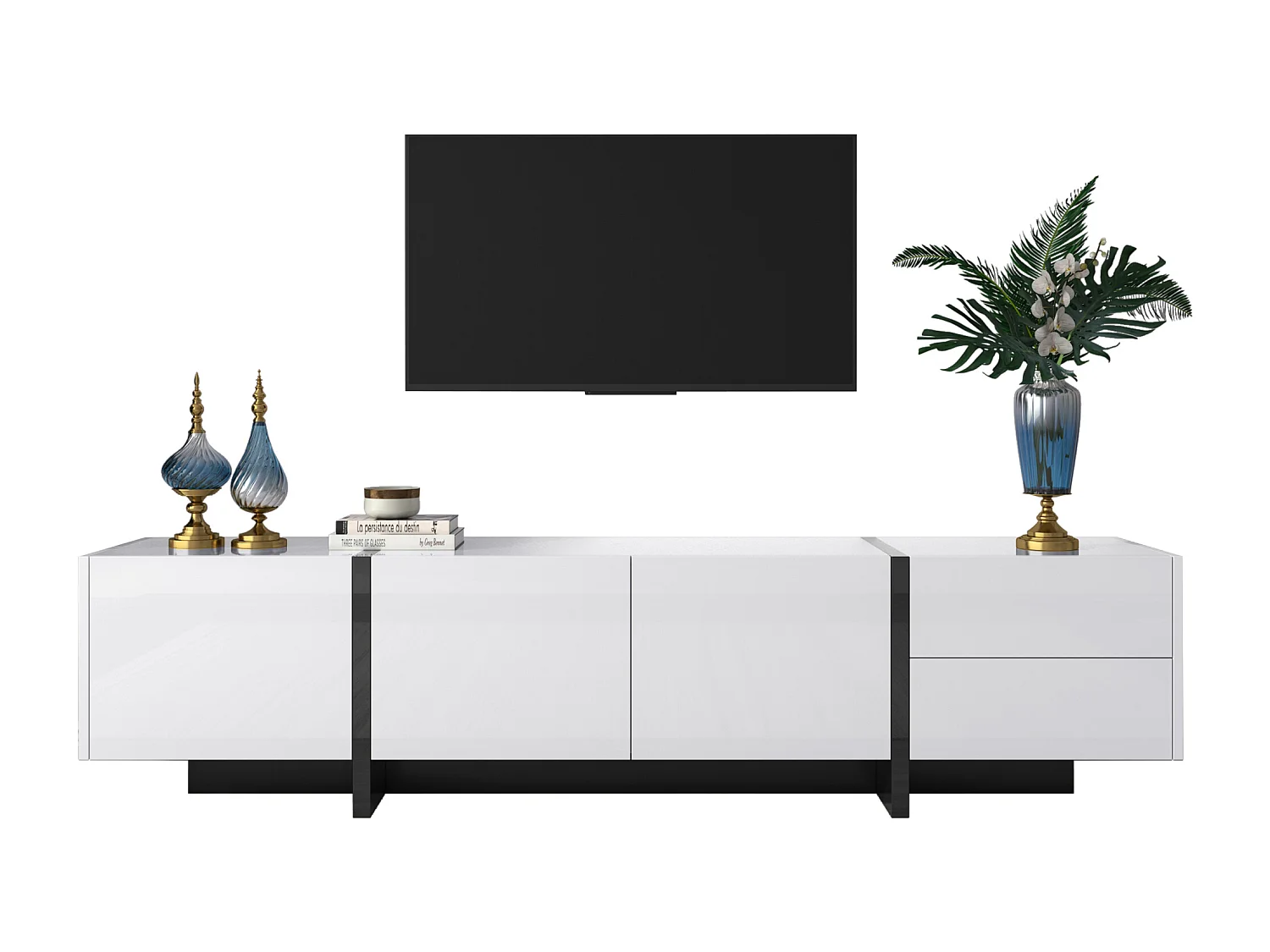 Meuble TV, design simple, panneaux avec pieds color-block, blanc et noir, avec portes et tiroirs, panneau en aggloméré (190x35x45cm)