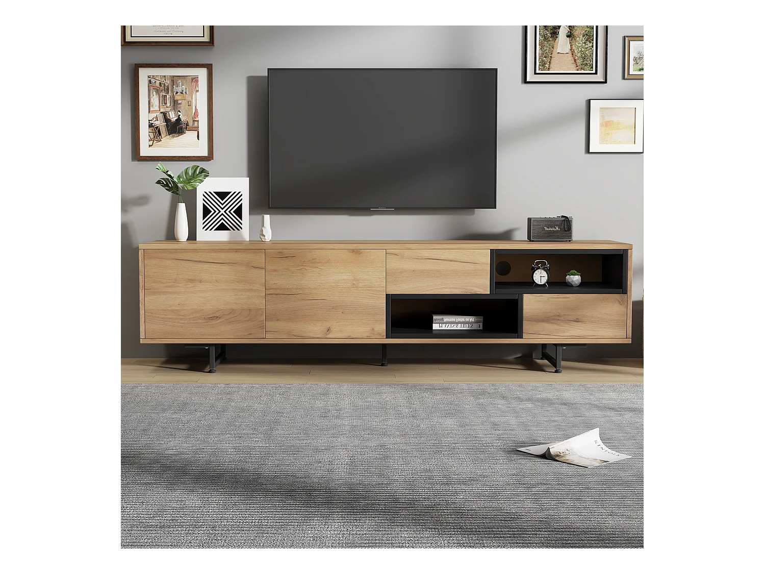 Mueble de TV bajo con estantes tipo escalera, diseño de madera, para televisores de hasta 70 pulgadas (173x38x48 cm)