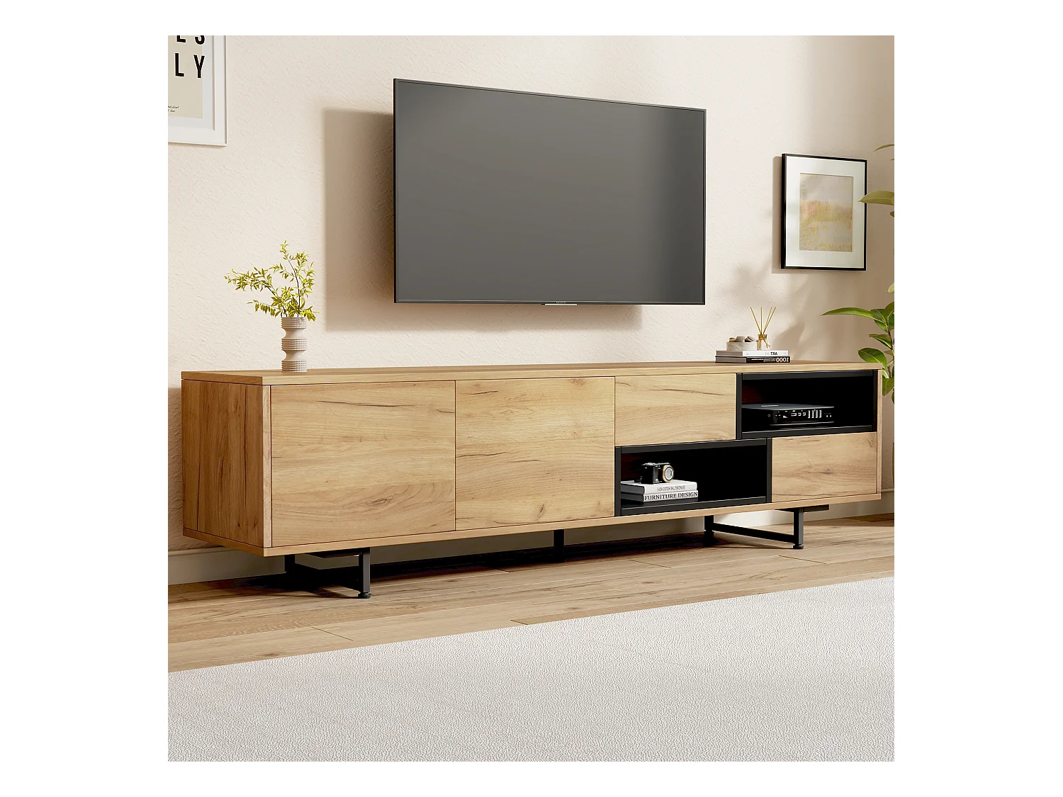 Mueble de TV bajo con estantes tipo escalera, diseño de madera, para televisores de hasta 70 pulgadas (173x38x48 cm)