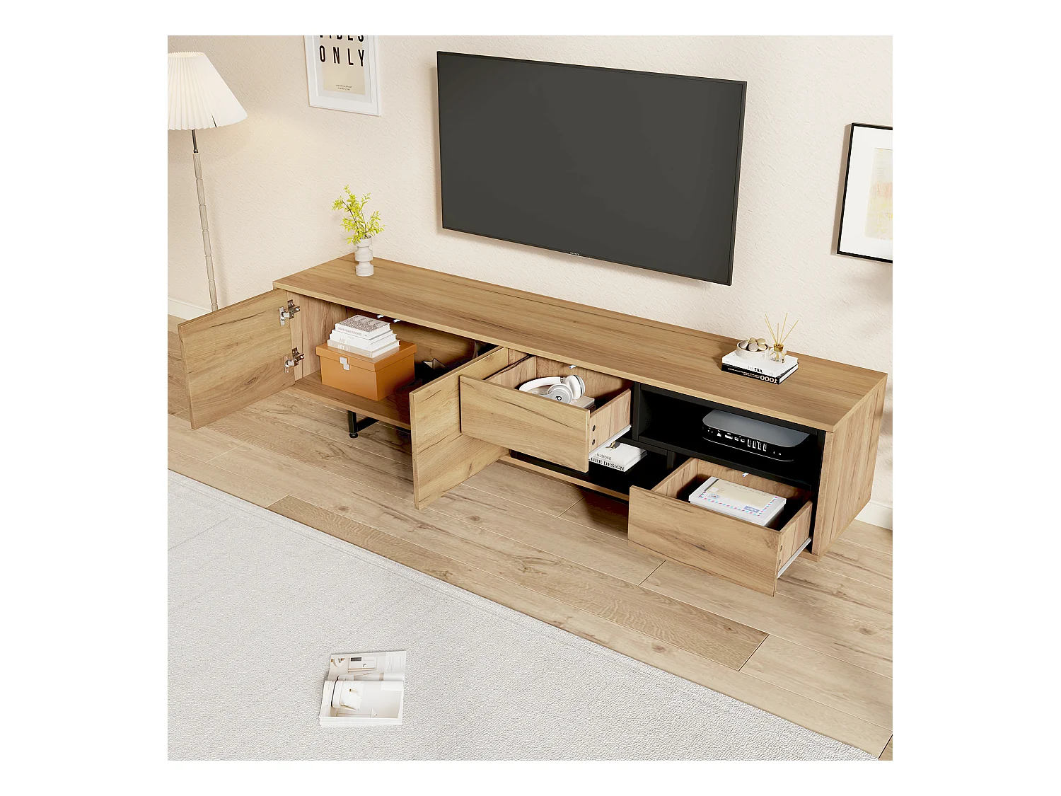 Mueble de TV bajo con estantes tipo escalera, diseño de madera, para televisores de hasta 70 pulgadas (173x38x48 cm)