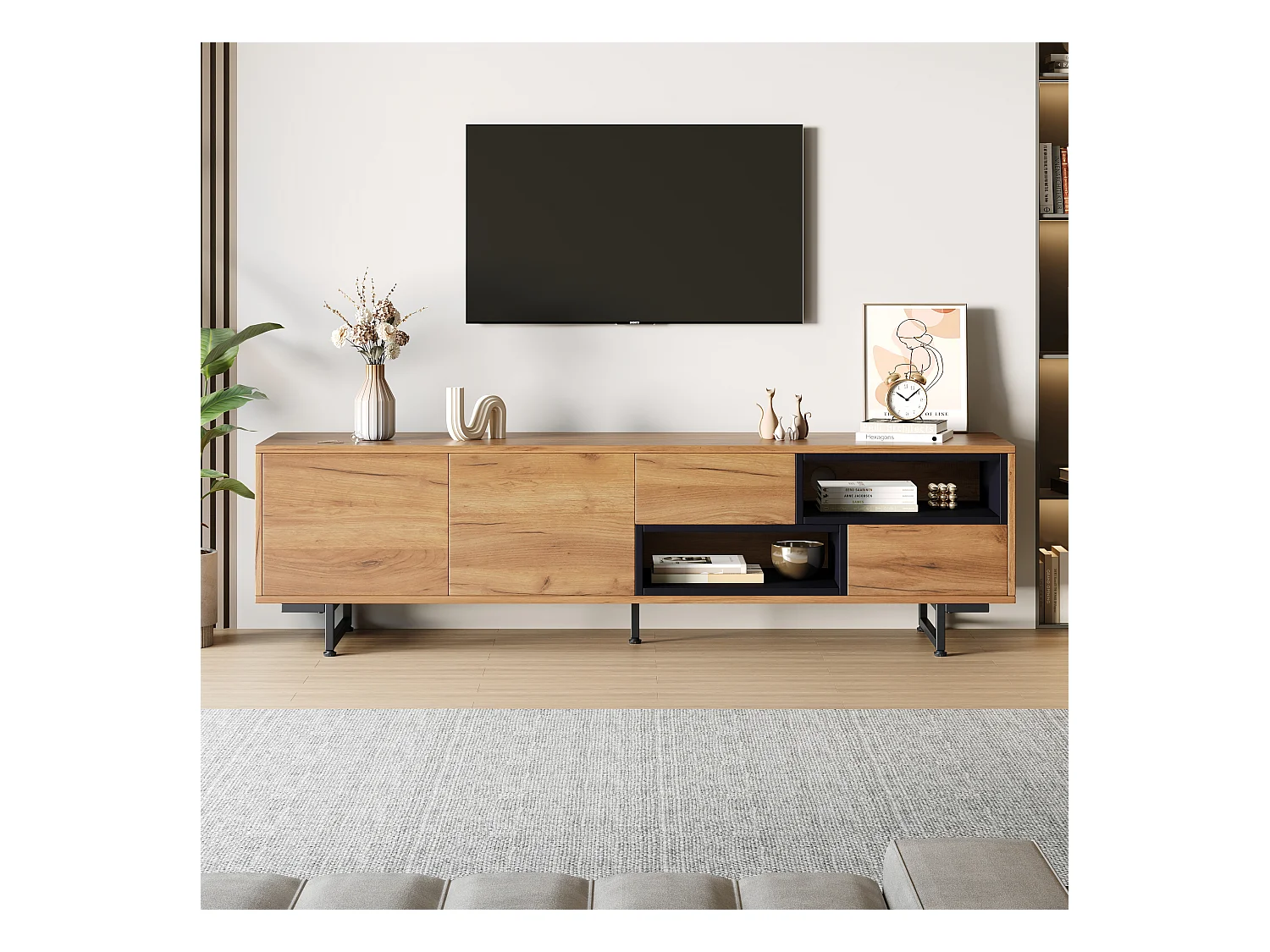 Mueble de TV bajo con estantes tipo escalera, diseño de madera, para televisores de hasta 70 pulgadas (173x38x48 cm)