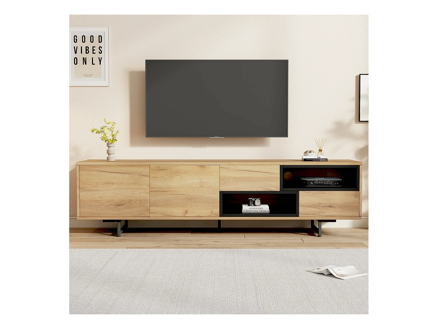Mueble de TV bajo con estantes tipo escalera, diseño de madera, para televisores de hasta 70 pulgadas (173x38x48 cm)