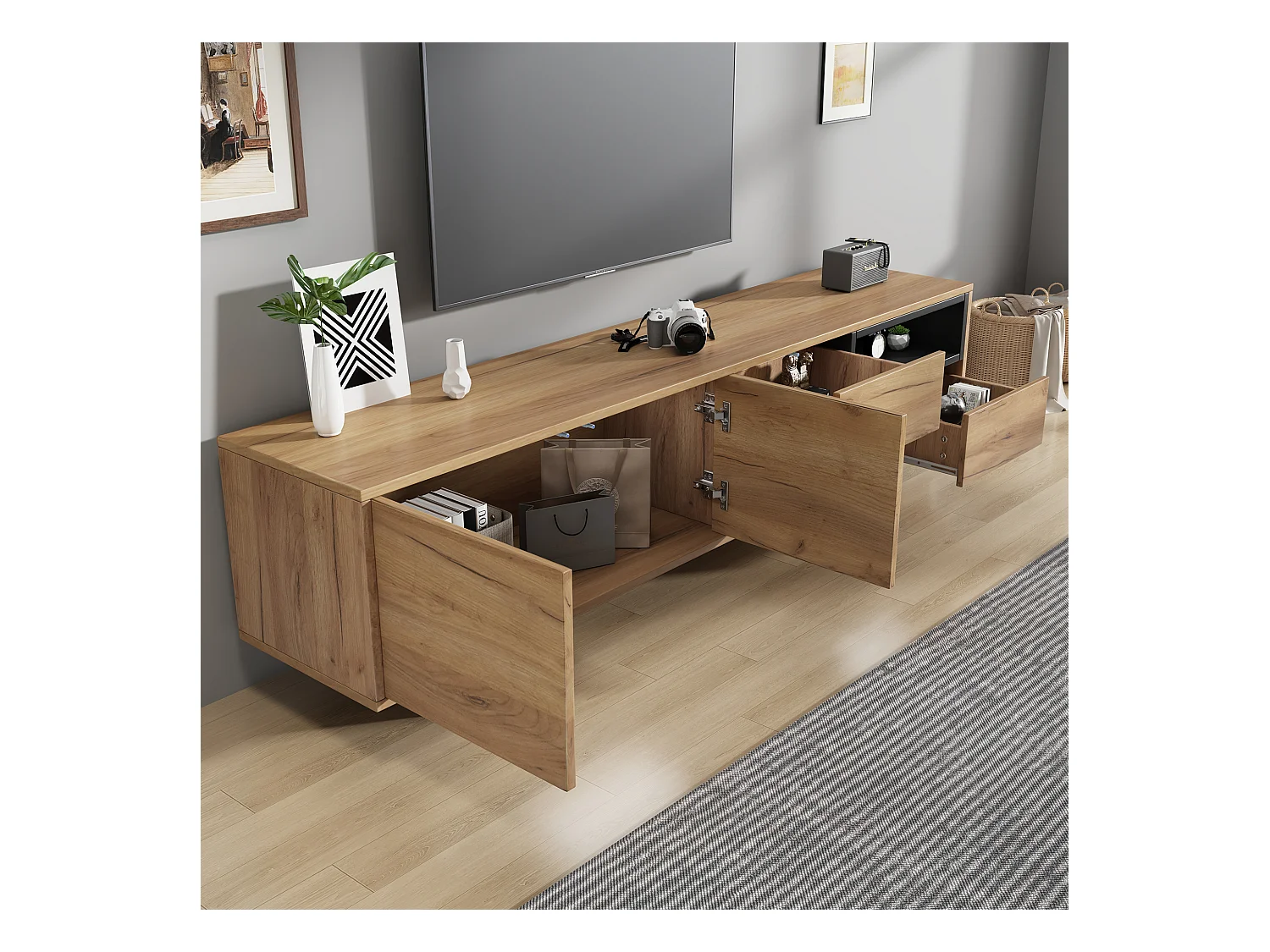 Mueble de TV bajo con estantes tipo escalera, diseño de madera, para televisores de hasta 70 pulgadas (173x38x48 cm)