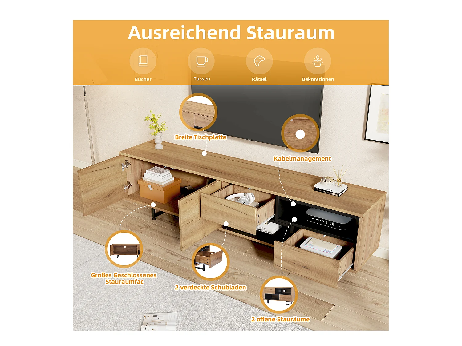 Mueble de TV bajo con estantes tipo escalera, diseño de madera, para televisores de hasta 70 pulgadas (173x38x48 cm)