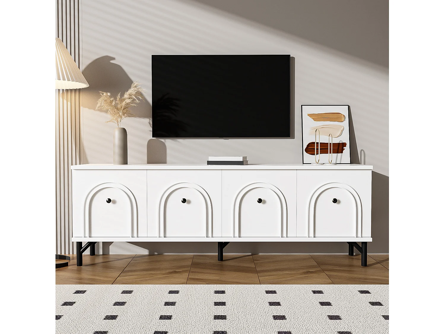 Meuble TV 4 portes, design moderne, Soft-Close, Gris, MDF (160x38x55.5cm)