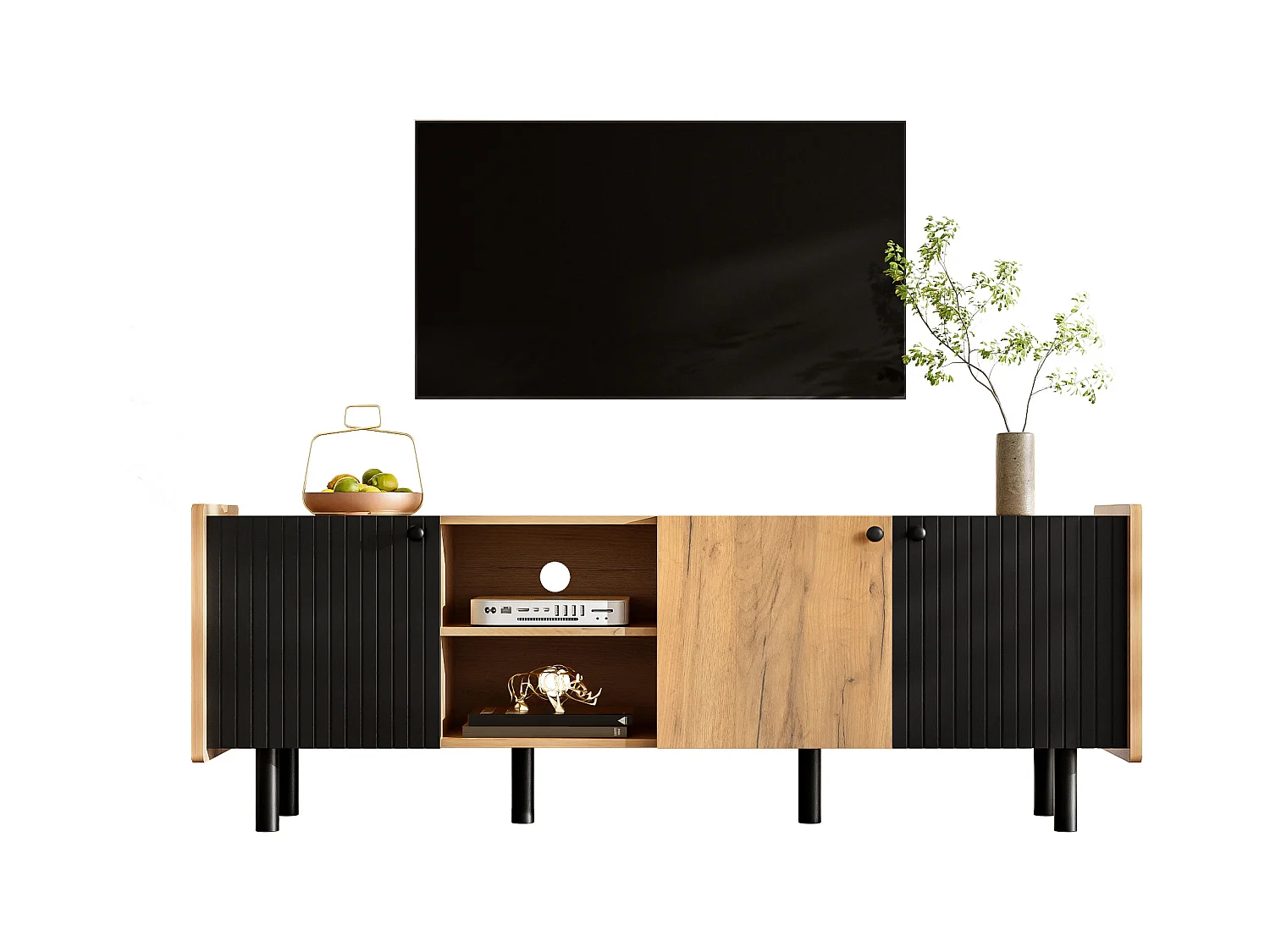 Meuble TV Moderne Noir et Bois avec 3 portes et 2 compartiments ouverts, MDF, (160x38x57cm)
