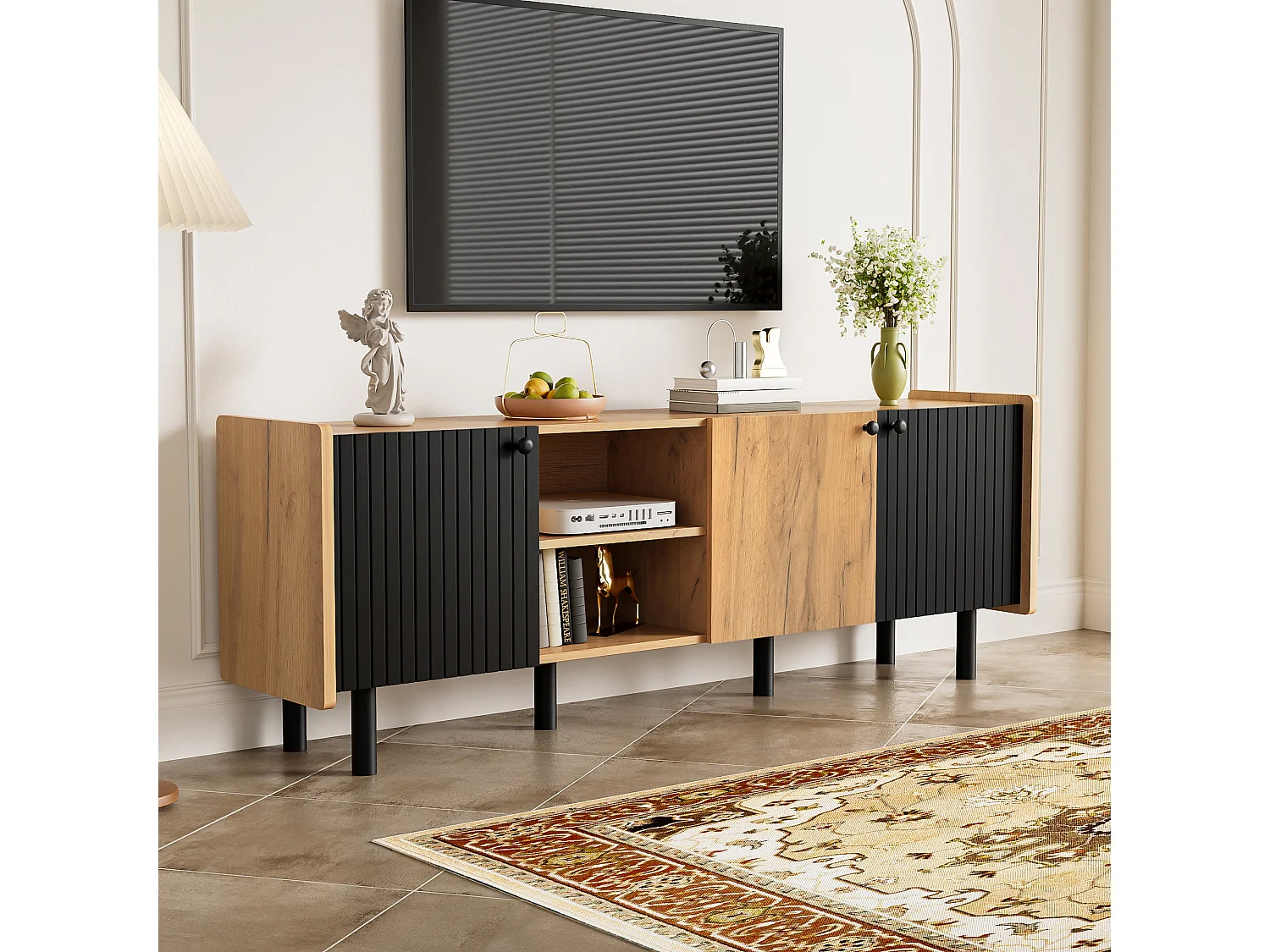 Meuble TV Moderne Noir et Bois avec 3 portes et 2 compartiments ouverts, MDF, (160x38x57cm)