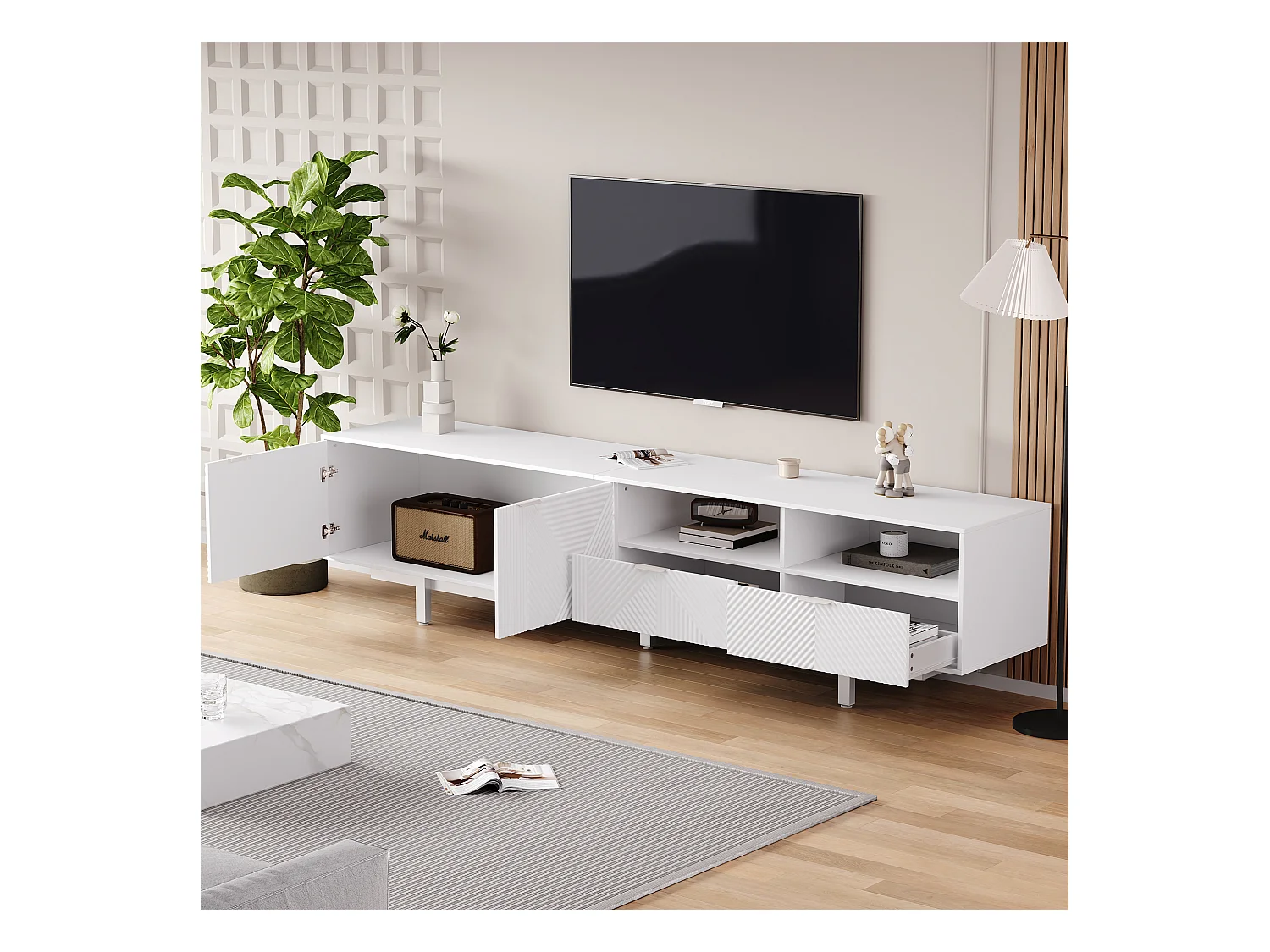 Meuble TV moderne boho, portes décoratives et espace de rangement, panneau de particules, blanc (200x40x51 cm)