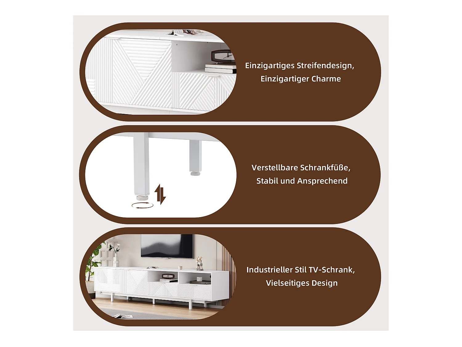 Meuble TV moderne boho, portes décoratives et espace de rangement, panneau de particules, blanc (200x40x51 cm)