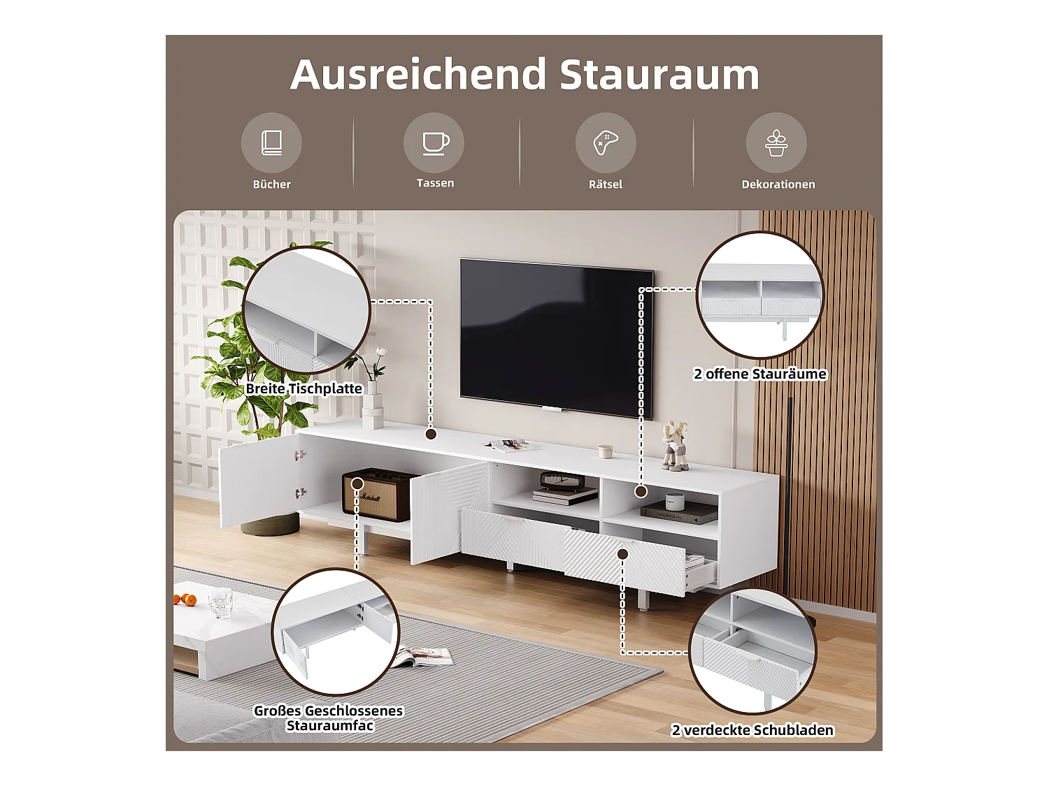 Meuble TV moderne boho, portes décoratives et espace de rangement, panneau de particules, blanc (200x40x51 cm)