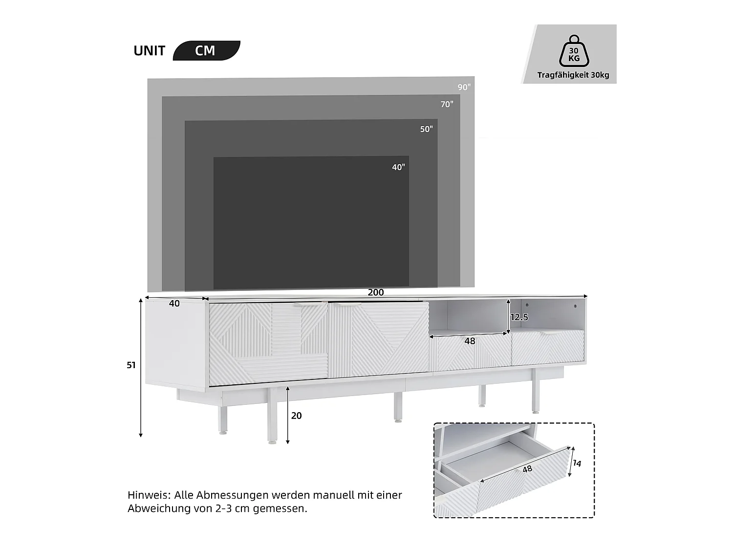 Meuble TV moderne boho, portes décoratives et espace de rangement, panneau de particules, blanc (200x40x51 cm)