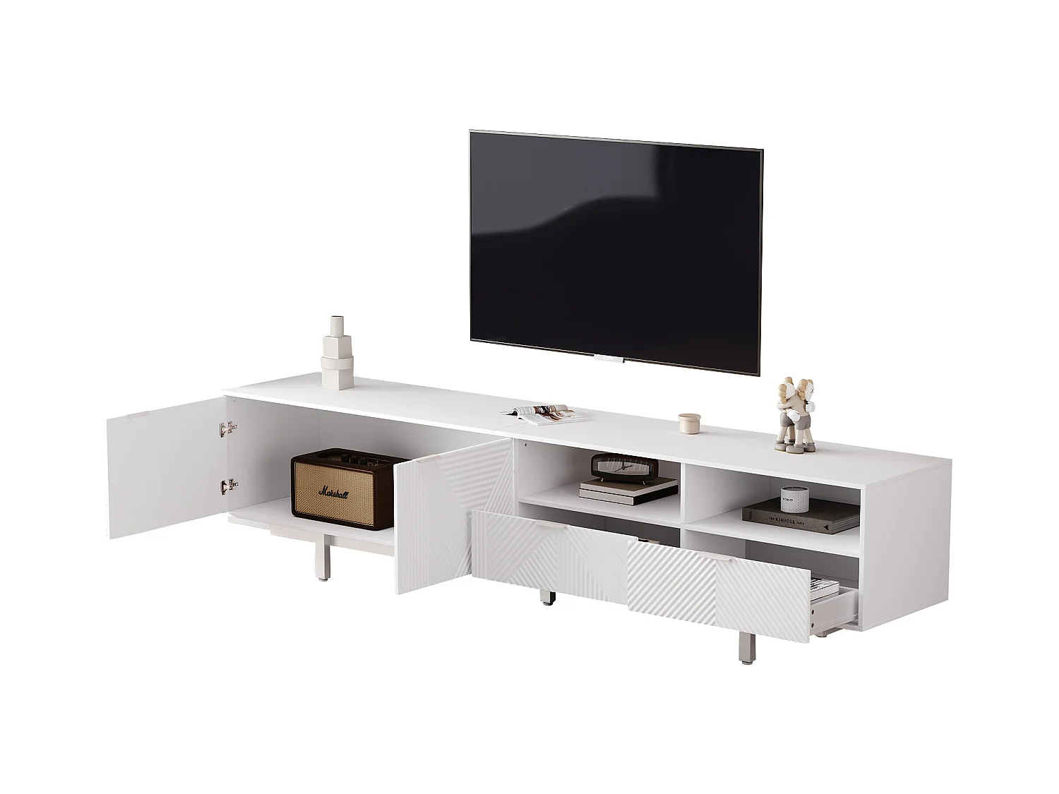 Meuble TV moderne boho, portes décoratives et espace de rangement, panneau de particules, blanc (200x40x51 cm)