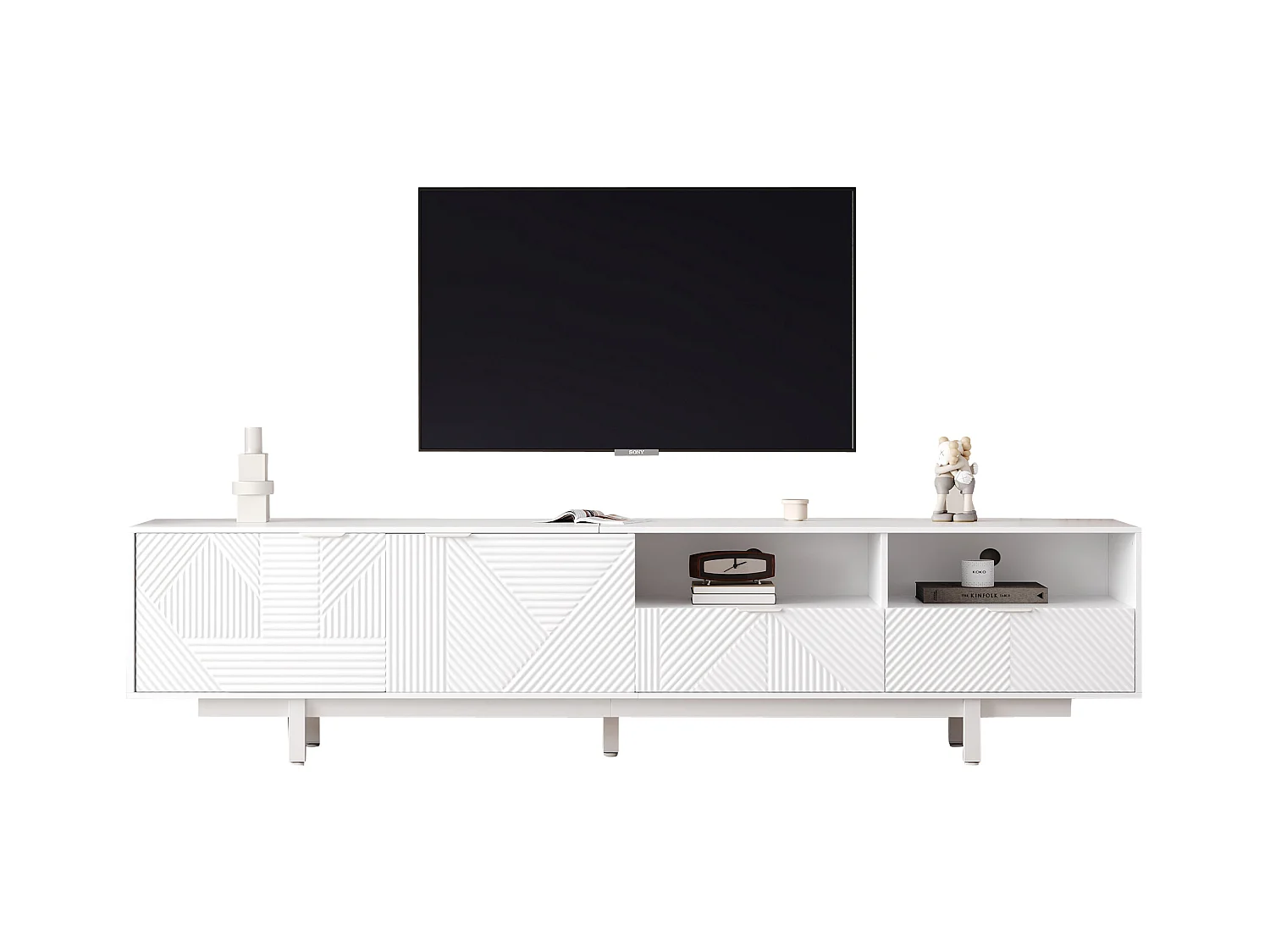 Meuble TV moderne boho, portes décoratives et espace de rangement, panneau de particules, blanc (200x40x51 cm)