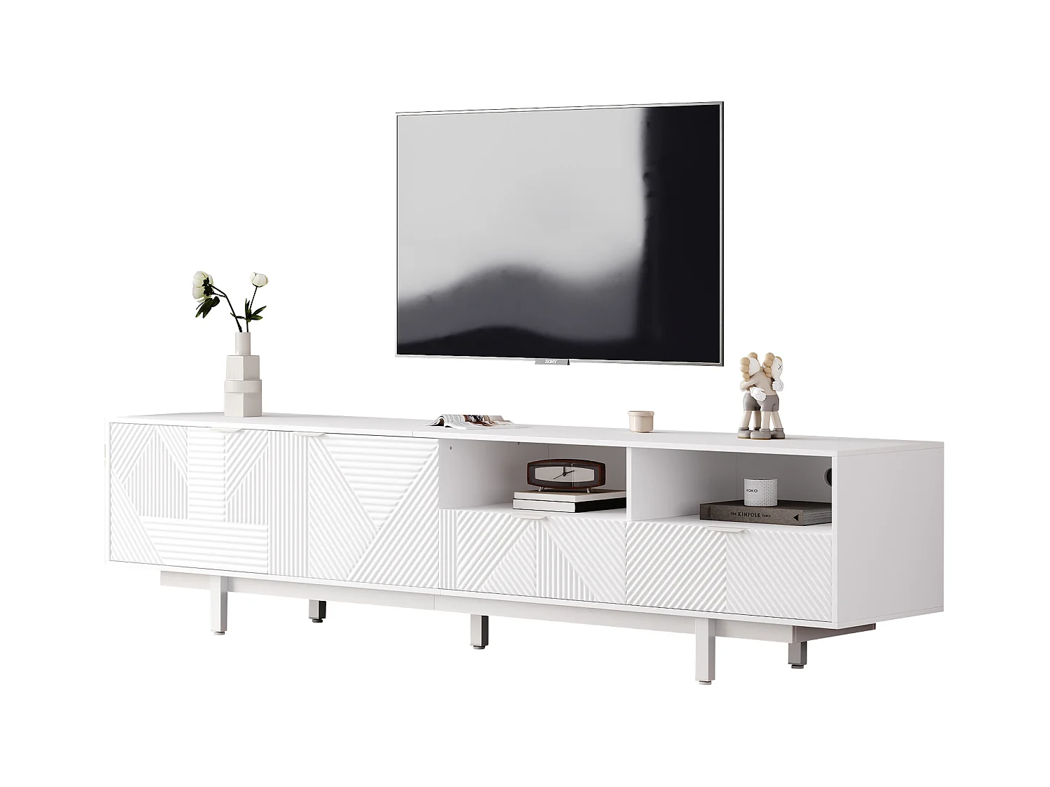 Meuble TV moderne boho, portes décoratives et espace de rangement, panneau de particules, blanc (200x40x51 cm)