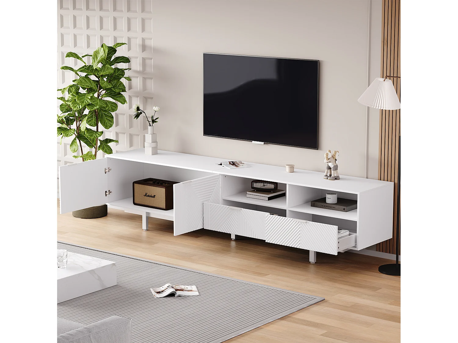 Meuble TV moderne boho, portes décoratives et espace de rangement, panneau de particules, blanc (200x40x51 cm)