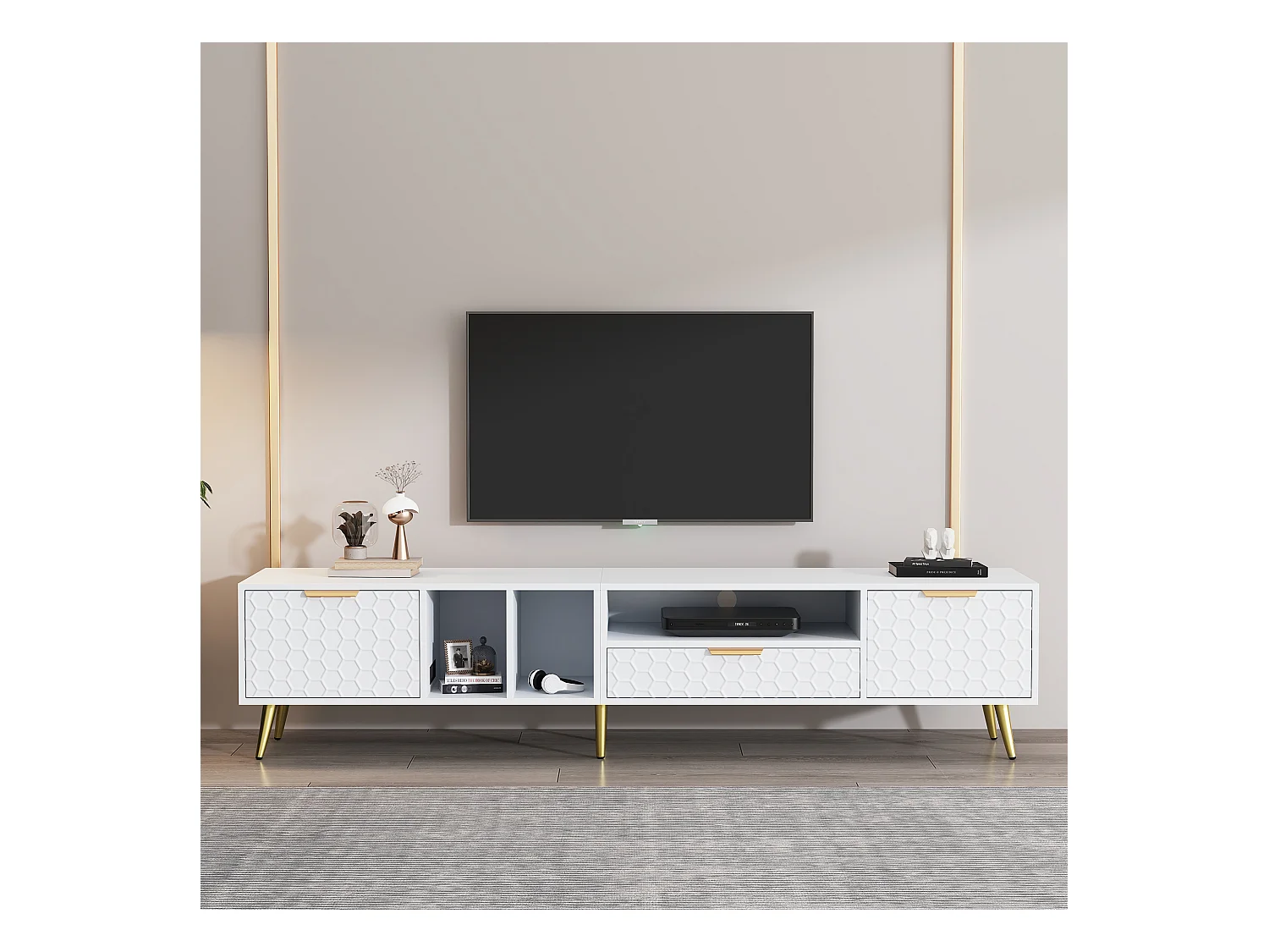 Meuble TV vertical moderne, motif géométrique, pour téléviseurs jusqu'à 80 pouces, panneau de particules, blanc (180x40x41 cm)