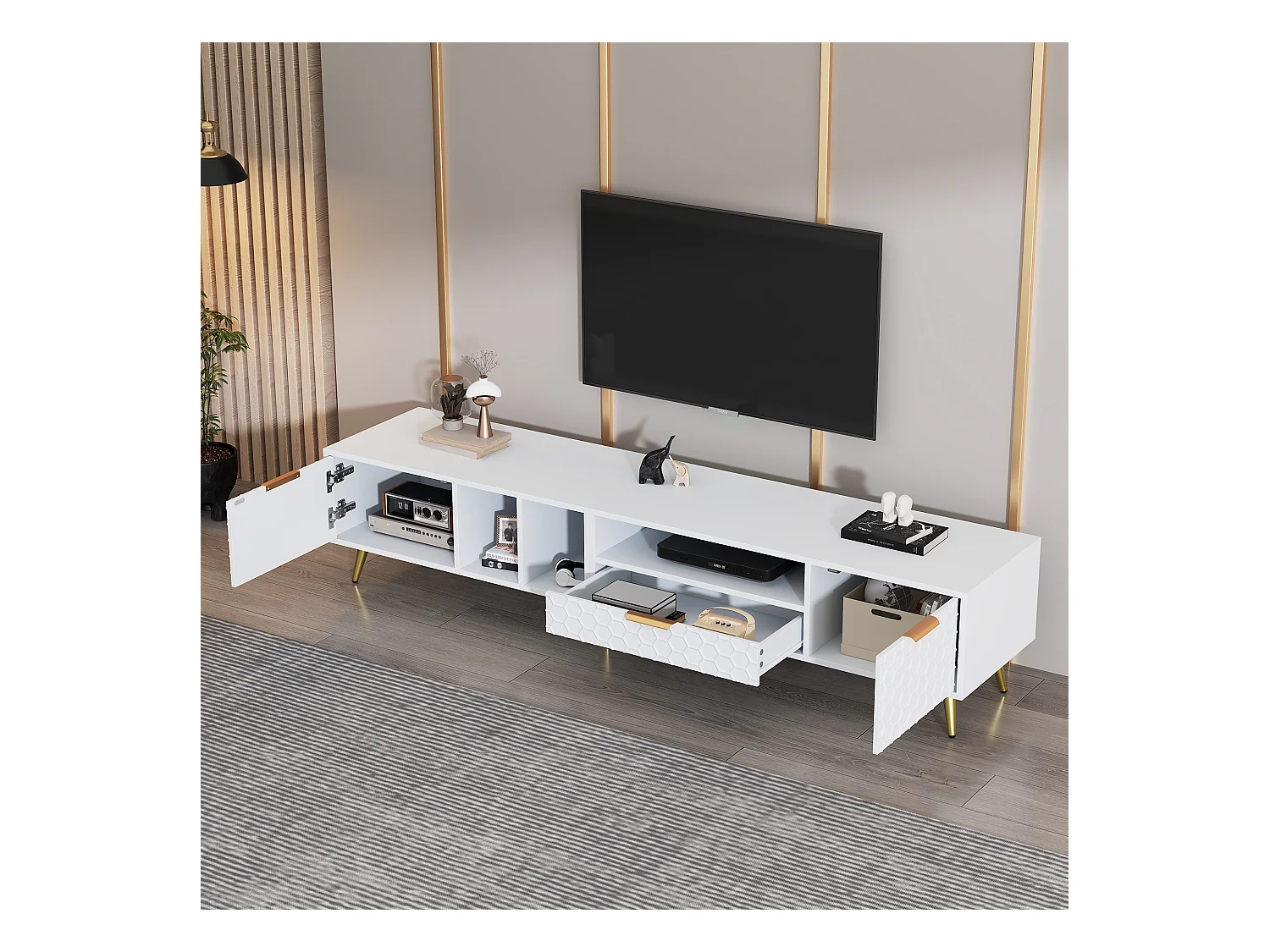 Meuble TV vertical moderne, motif géométrique, pour téléviseurs jusqu'à 80 pouces, panneau de particules, blanc (180x40x41 cm)