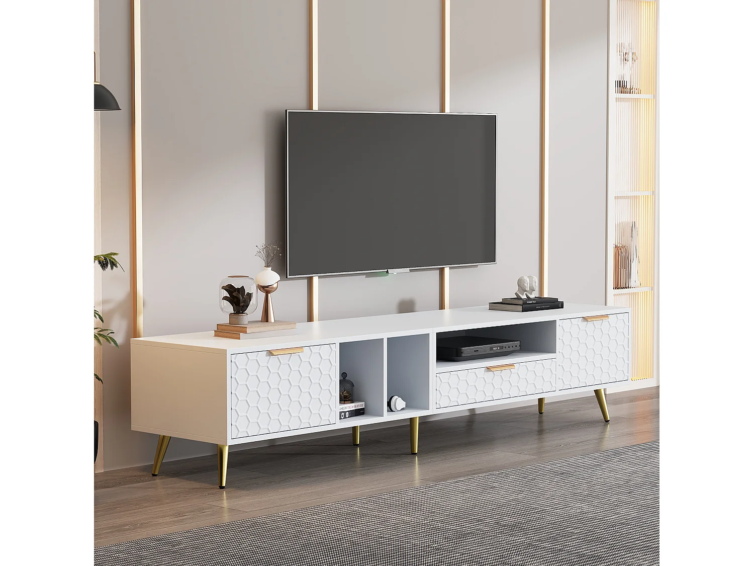 Meuble TV vertical moderne, motif géométrique, pour téléviseurs jusqu'à 80 pouces, panneau de particules, blanc (180x40x41 cm)