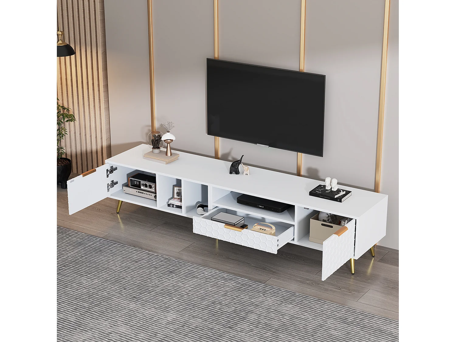 Meuble TV vertical moderne, motif géométrique, pour téléviseurs jusqu'à 80 pouces, panneau de particules, blanc (180x40x41 cm)