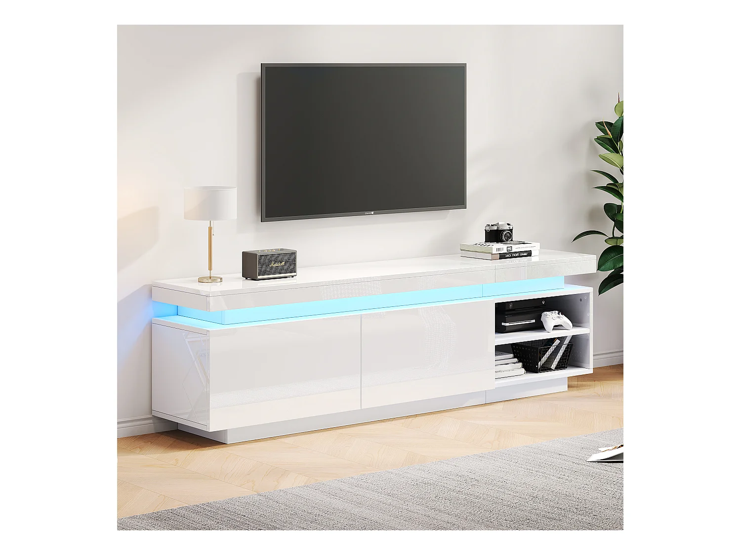 Meuble TV Lowboard avec éclairage LED, 3 tiroirs et gestion des câbles, pour TV jusqu'à 70 pouces, blanc brillant (200x40x42 cm)