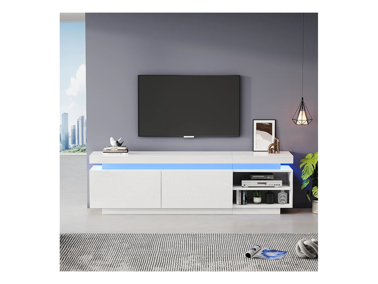 Meuble TV Lowboard avec éclairage LED, 3 tiroirs et gestion des câbles, pour TV jusqu'à 70 pouces, blanc brillant (200x40x42 cm)