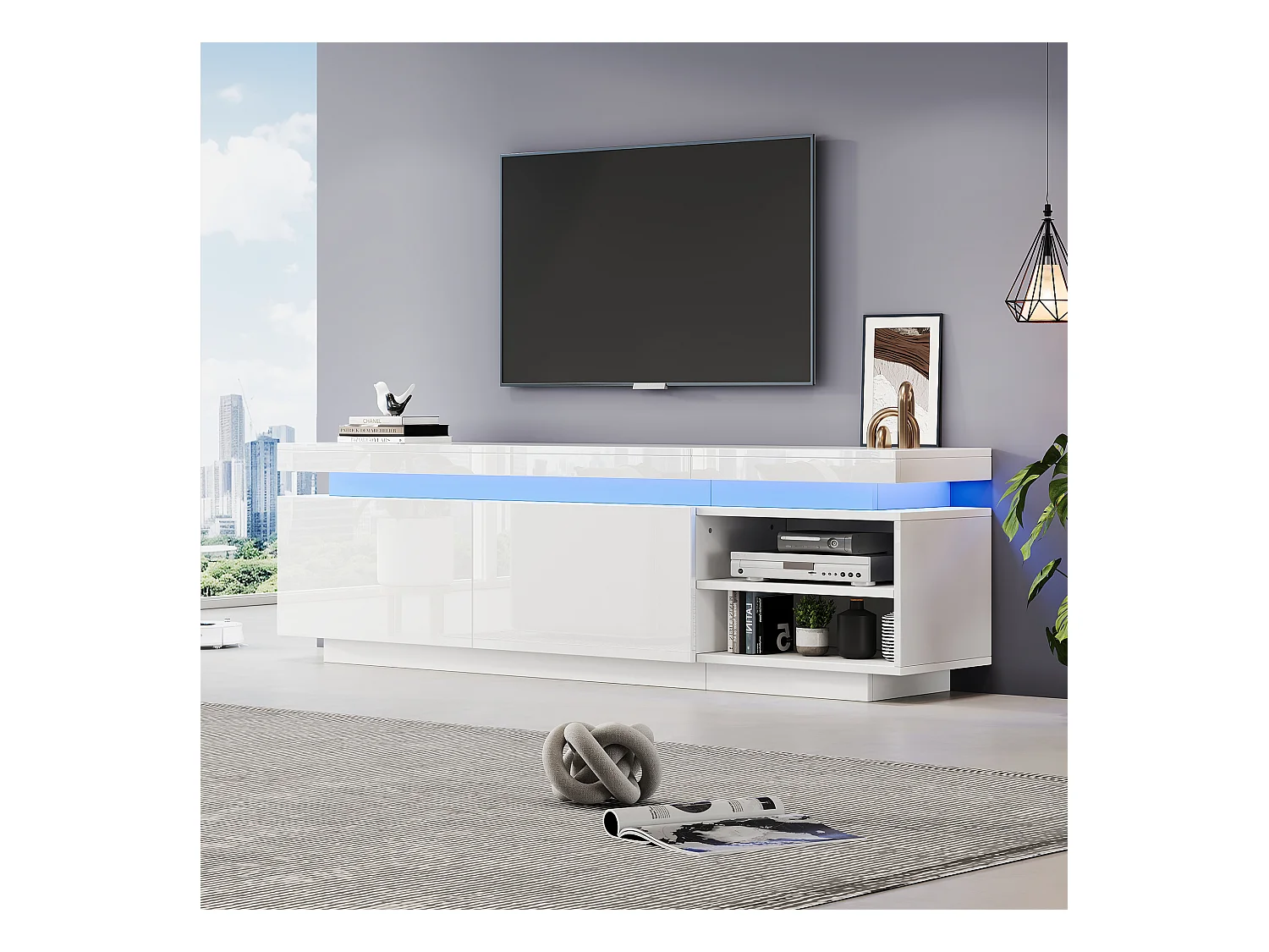 Meuble TV Lowboard avec éclairage LED, 3 tiroirs et gestion des câbles, pour TV jusqu'à 70 pouces, blanc brillant (200x40x42 cm)