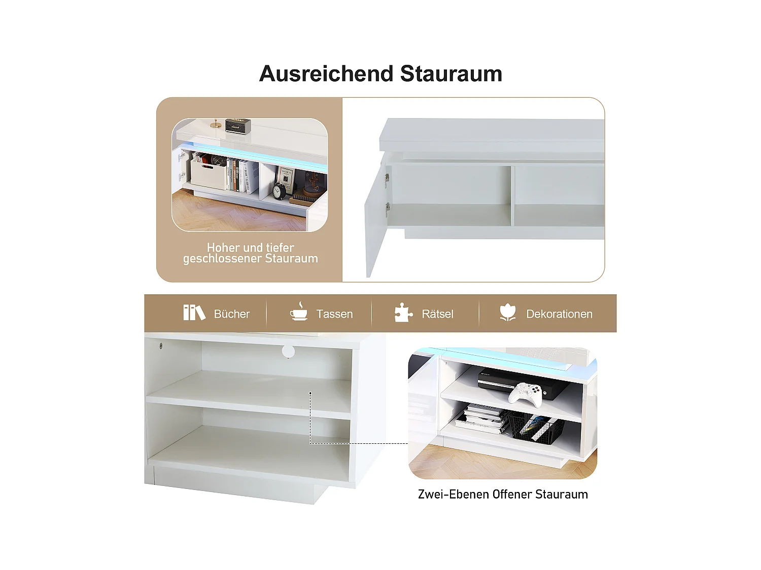 Meuble TV Lowboard avec éclairage LED, 3 tiroirs et gestion des câbles, pour TV jusqu'à 70 pouces, blanc brillant (200x40x42 cm)